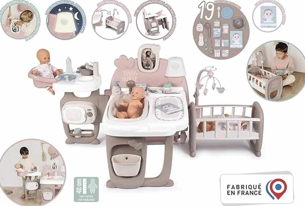 Smoby 7600220376 Baby Nurse Kącik opiekunki 3w1, wielofunkcyjny domek dla lalek, kuchnia, łazienka, sypialnia, 149,1x71x71 cm