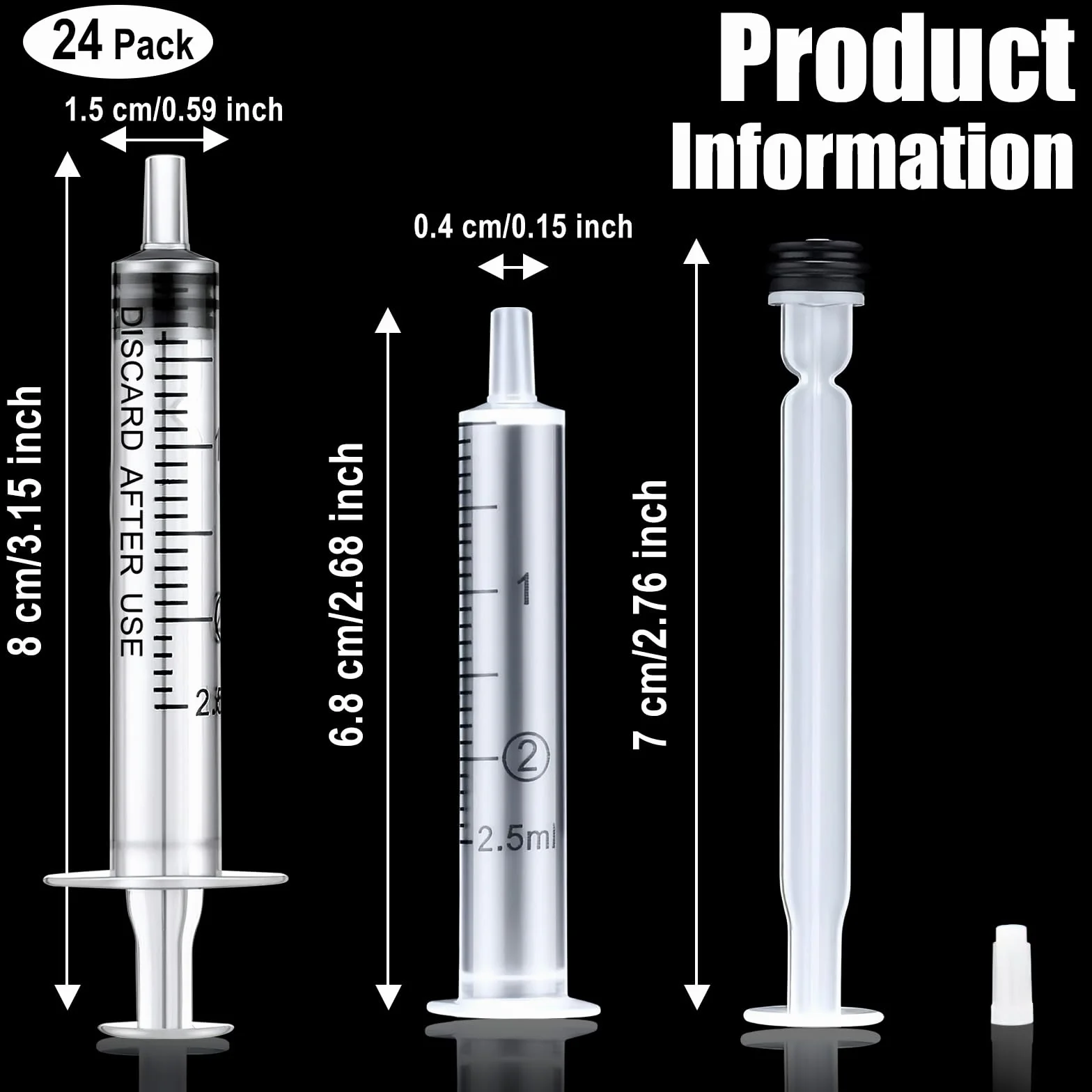 24 plastikowe strzykawki 2,5 ml, jednorazowe strzykawki z pokrywką, strzykawki z tworzywa sztucznego, sterylne opakowanie, strzykawka bez igły, do laboratoriów naukowych, pomiarów, podlewania,