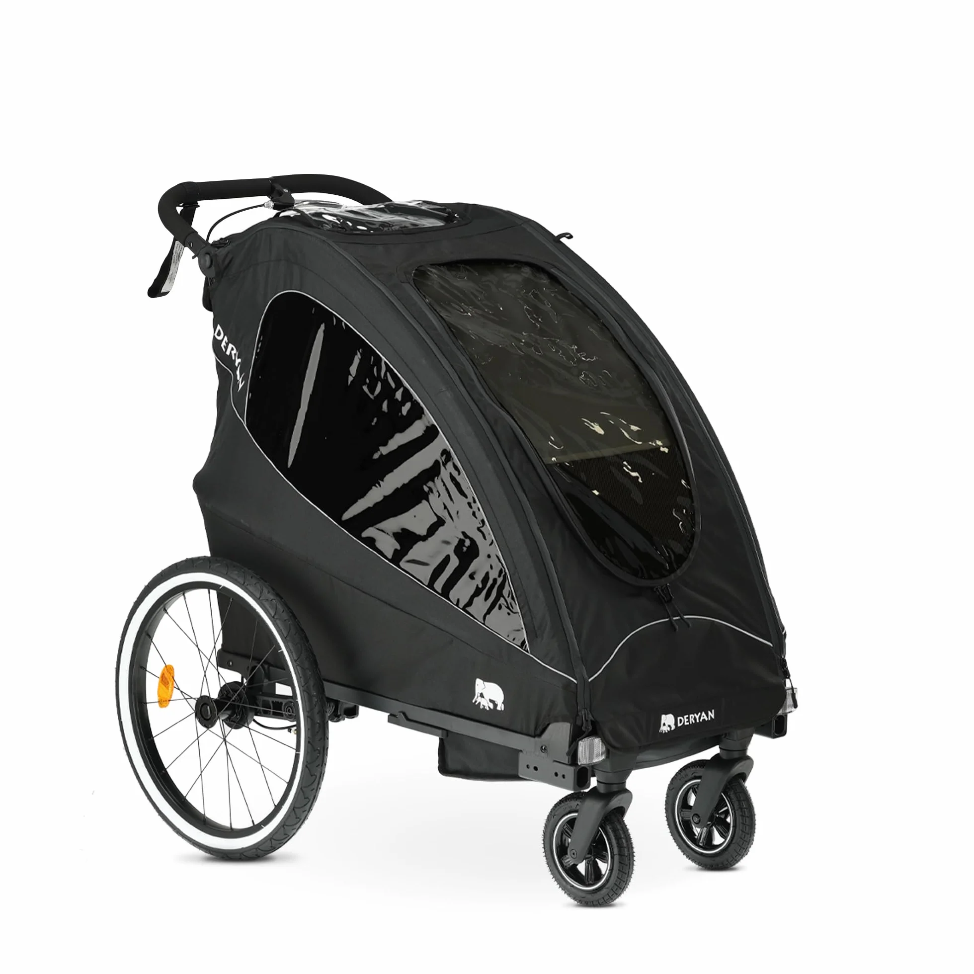 Deryan Przyczepa rowerowa dla dzieci 3 w 1 i jogger dla 1 dziecka, wielofunkcyjny, składany, zawieszenie, regulowany drążek przesuwny, pasy bezpieczeństwa, odblaski, kolor czarny