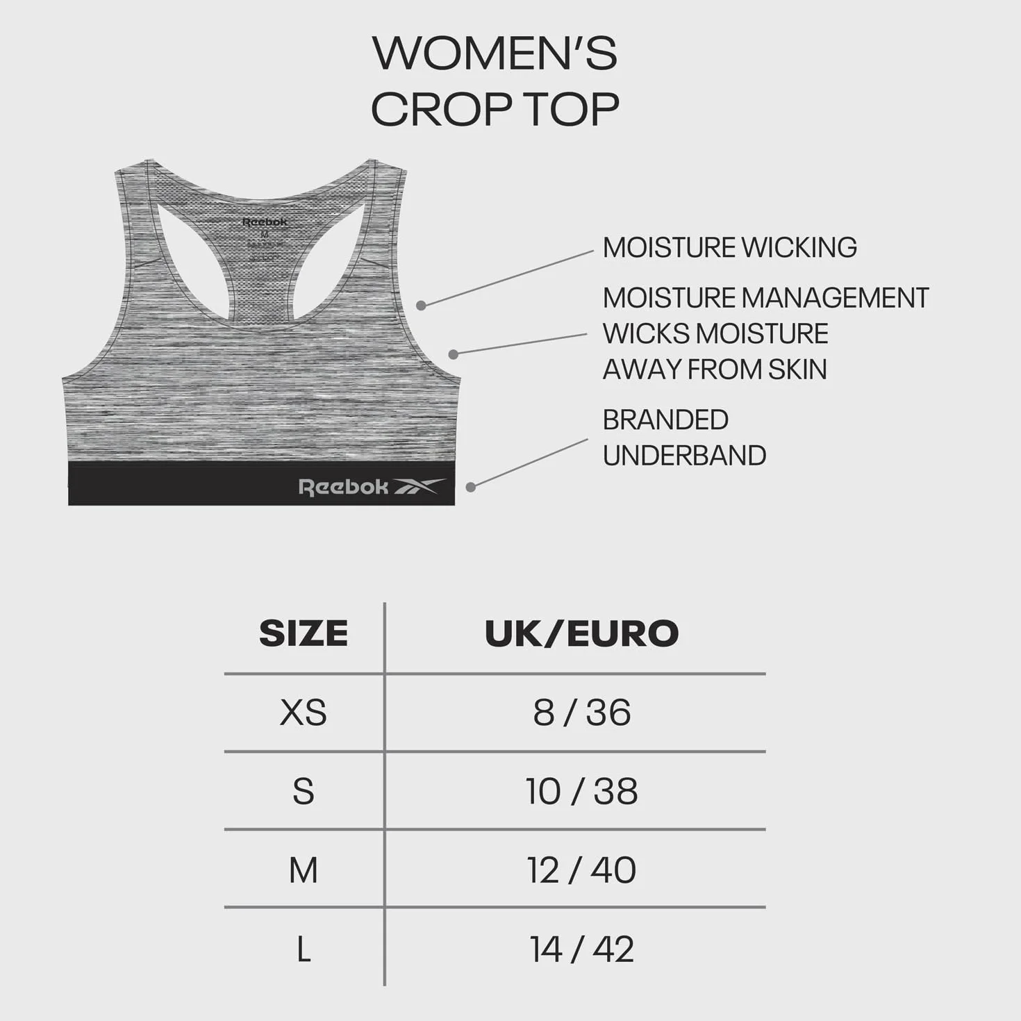 Reebok Damski biustonosz sportowy | Wspierający, wygodny wyściełany biustonosz sportowy | bez fiszbin, niski wpływ i oddychające biustonosze sportowe | damska odzież sportowa, Szary melanżowy, S