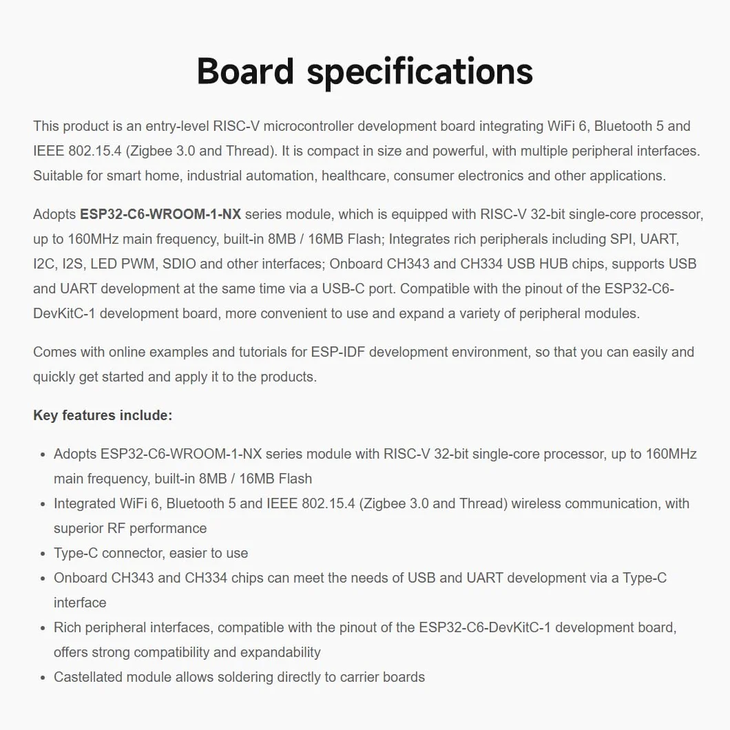 Waveshare ESP32-C6 Microcontroller, WiFi 6 Development Board, 160MHz Single-core Processor, ESP32-C6-WROOM-1-NX Series Module, Supports USB and UART Development,16MB Flash, with Pinheader