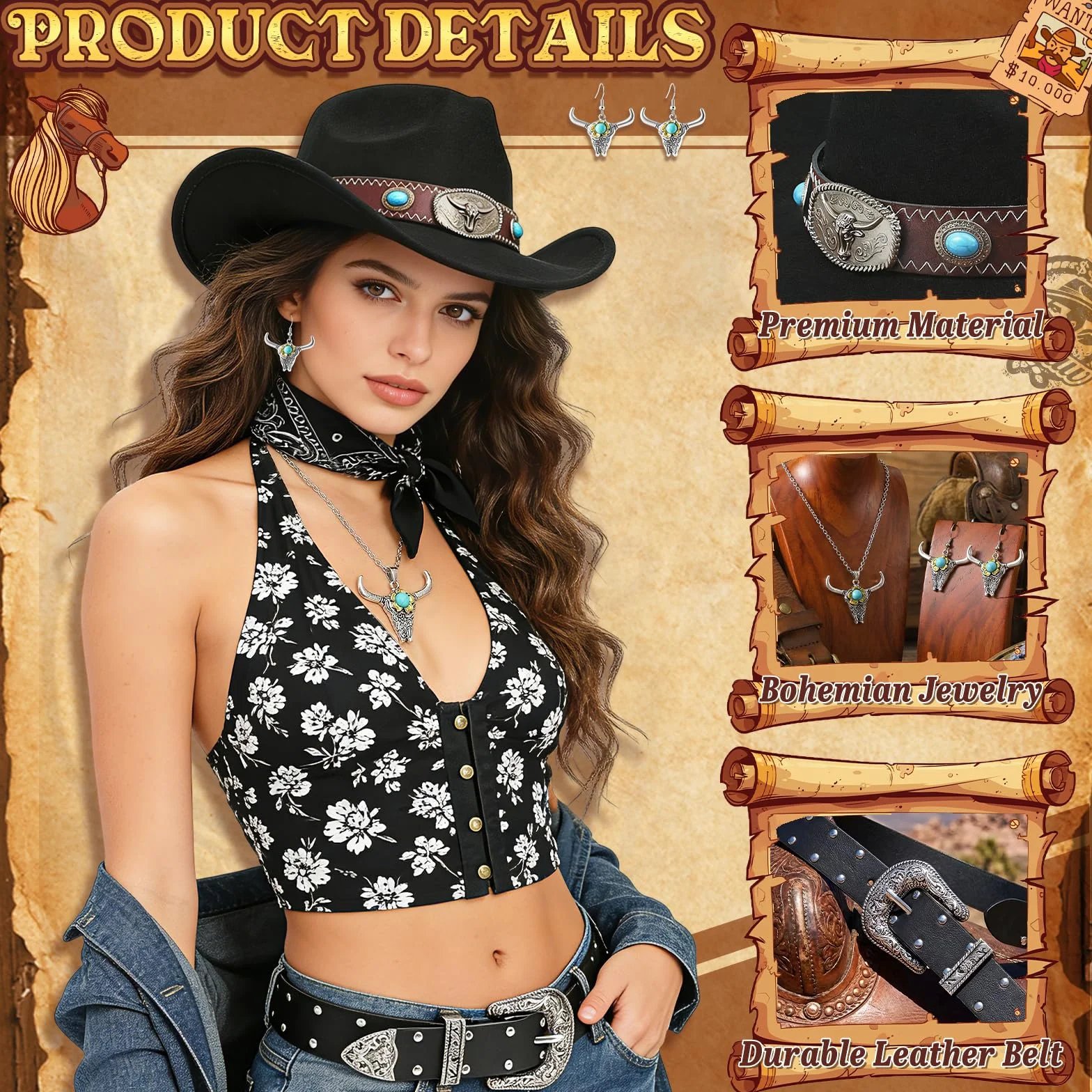 5 szt. turkusowo-brązowy western kowbojski strój damski z kapeluszem + kolczyki + naszyjnik + pasek + bandana dla dorosłych, karnawał, impreza tematyczna, cosplay