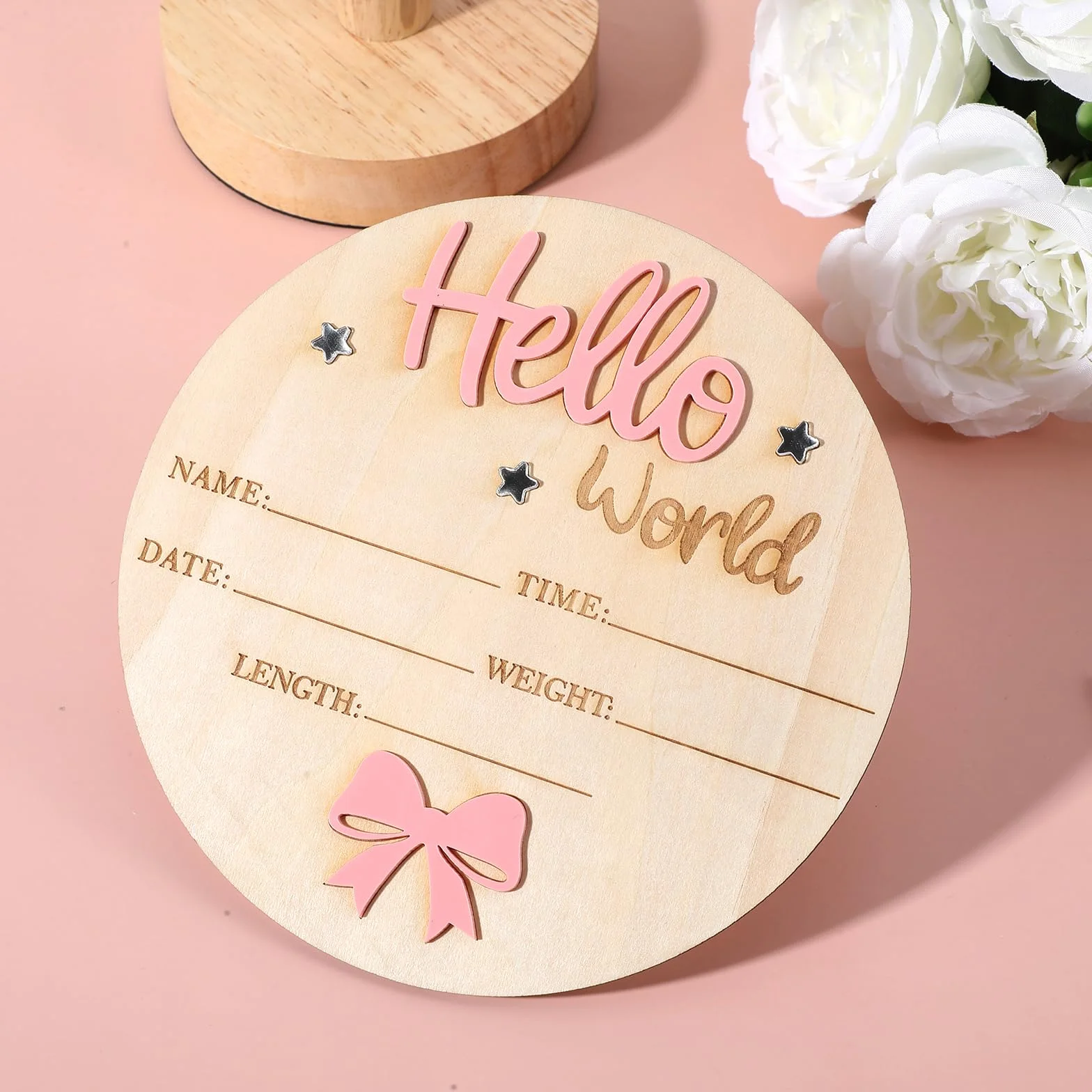 Nogeqi Różowe kartki z kamieniami milowymi dla niemowląt, drewniana, spersonalizowana tabliczka informacyjna "Hello World", tabliczka powitalna dla noworodków, okrągła, drewniana, dla kobiet w ciąży