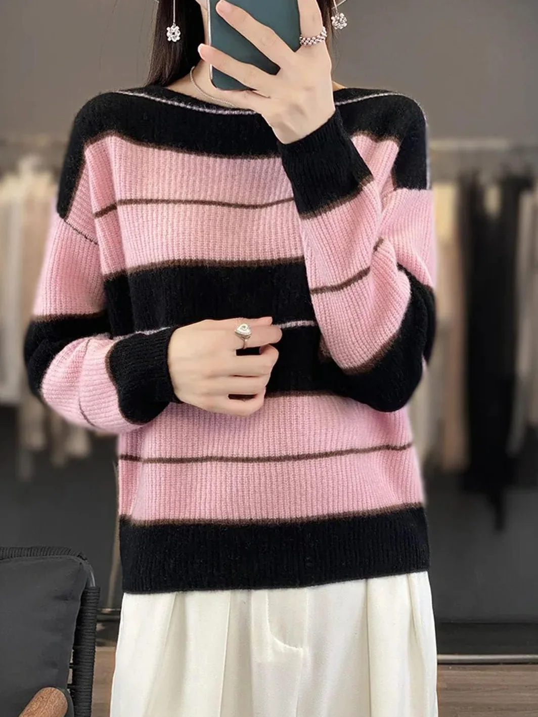Damski sweter z długim rękawem oversize sweter z wełny merynosów w paski na co dzień kaszmirowa dzianina