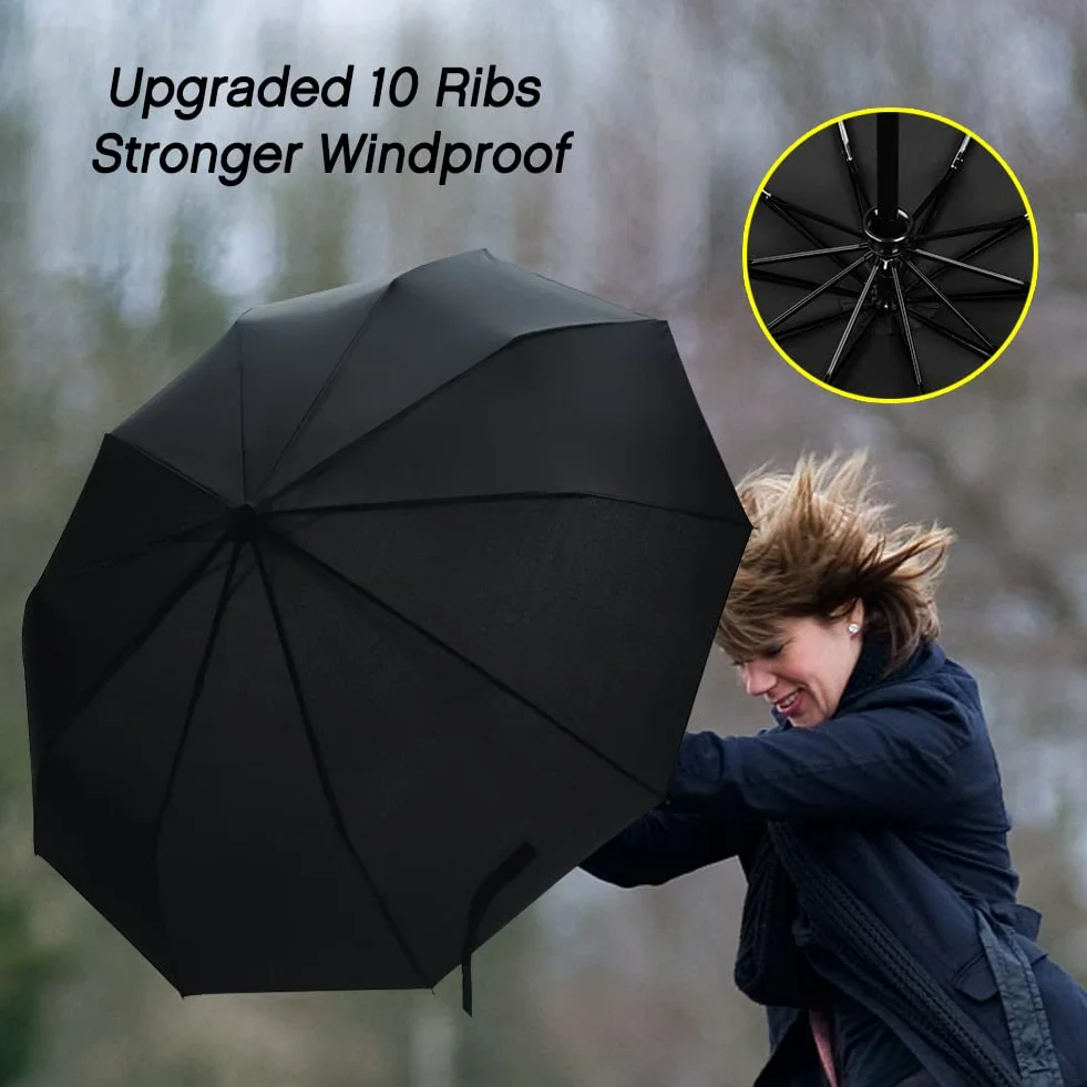ECHOICE Parasol kieszonkowy automatyczny XL, wiatroszczelny do 140 km/h, 10 żeber stal nierdzewna, powłoka teflonowa, czarny