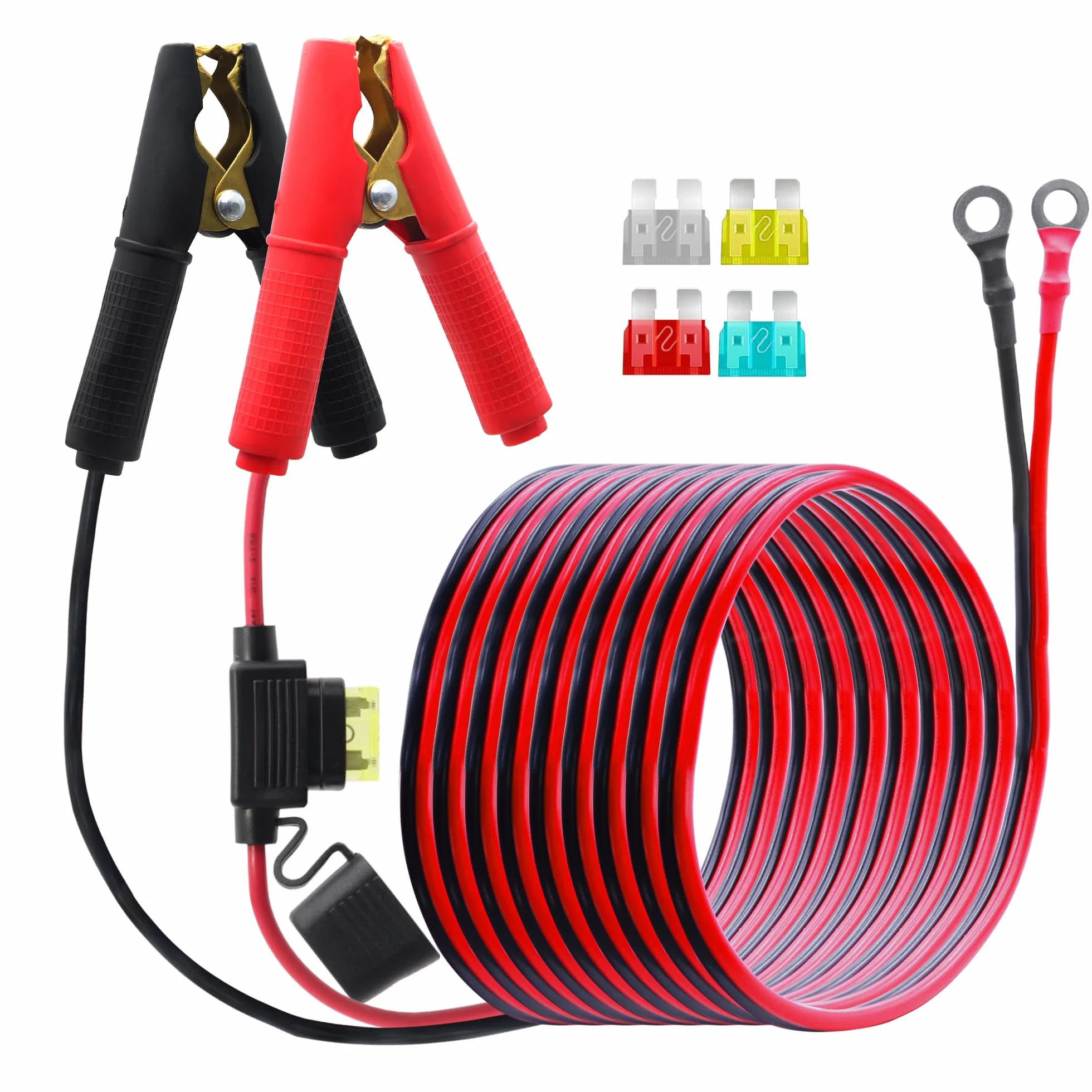 Alligator Clip to O-Ring Terminal kabel z bezpiecznikiem 20 A, 14 AWG 12 V-24 V O Ring Terminal na akumulatorze, zaciski krokodylkowe, kabel do akumulatora samochodowego, falownika (3 m)