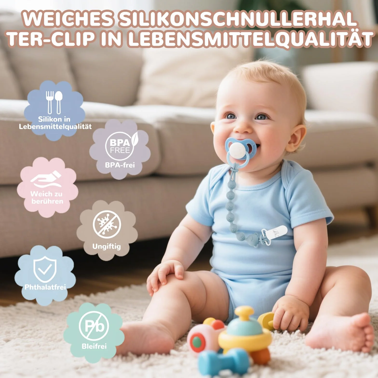 Zestaw 4 silikonowych łańcuszków na smoczek dla niemowląt, z klipsem zabezpieczającym, dla chłopców i dziewczynek, łańcuszek na pacyfir i klips na smoczek, łatwy do czyszczenia, łańcuszki na