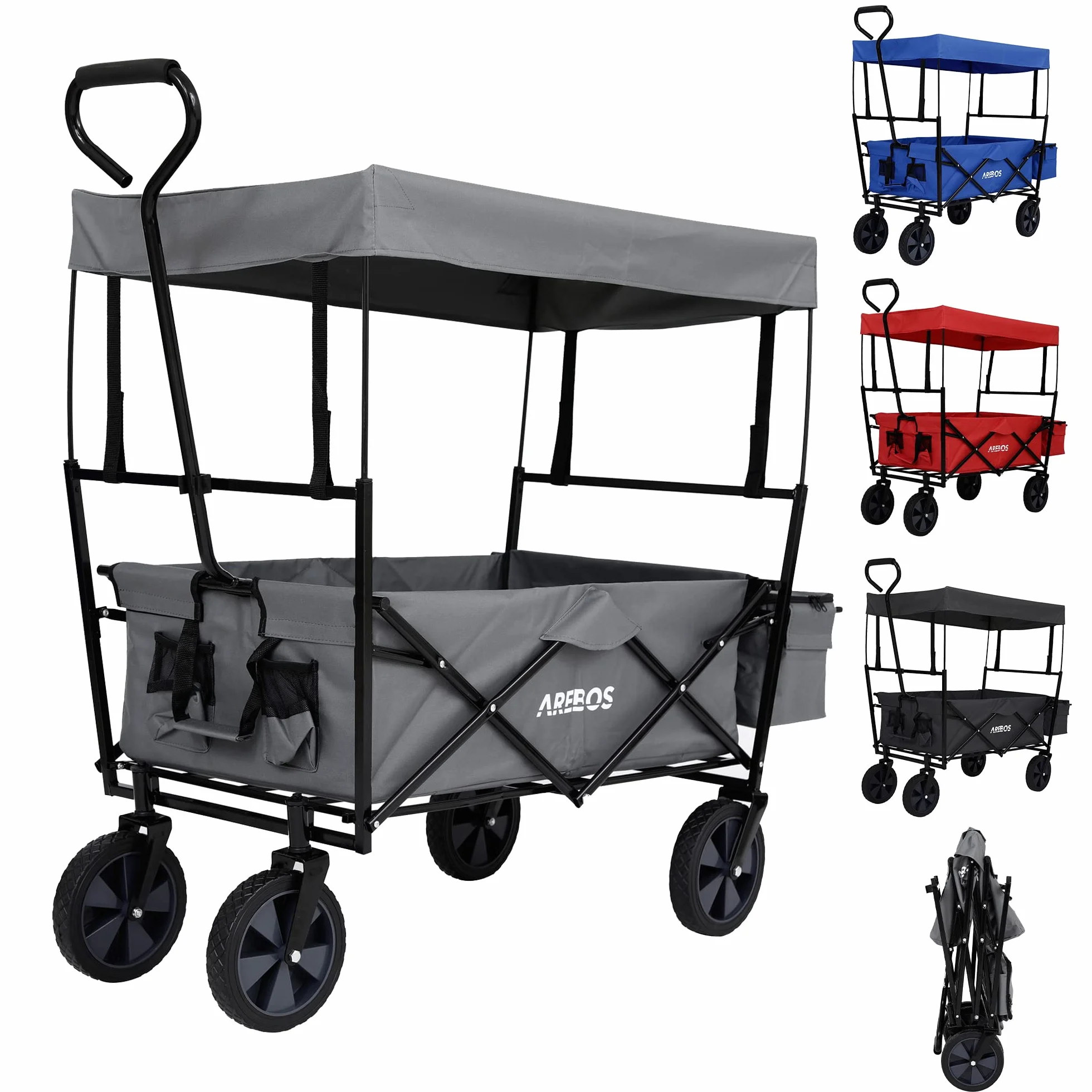 Arebos Wózek ręczny | Wózek transportowy | Wózek składany | Wózek narzędziowy z 2 kieszeniami siatkowymi i jedną kieszenią zewnętrzną | Składany | do 70 kg udźwigu | Opony z pełnej gumy 360°
