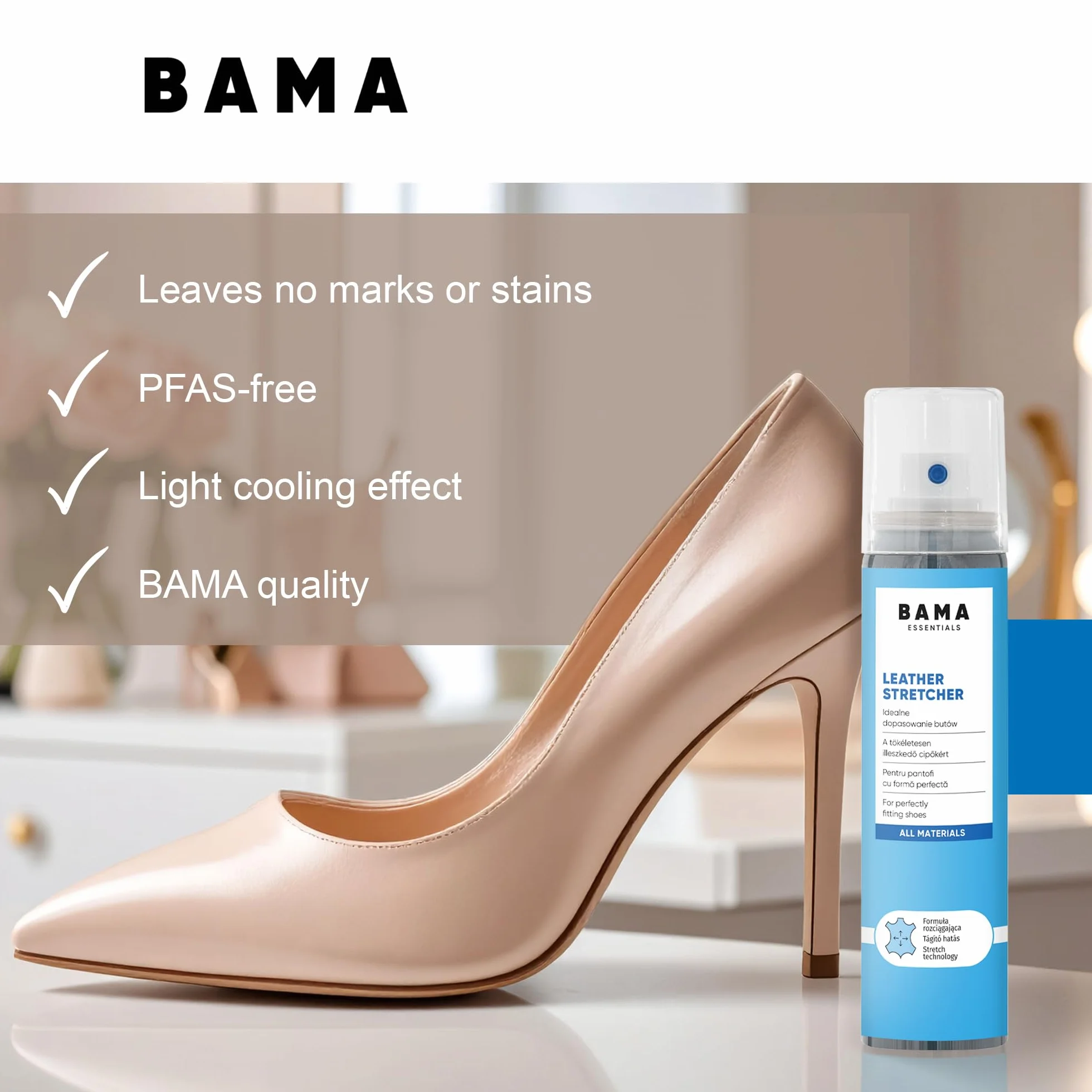 Bama Leather Stretcher – Spray do Rozszerzania Obuwia ze Skóry, Zamszu i Nubuku – Zmiękcza i Rozciąga Buty dla Idealnego Dopasowania – Transparentny, 75ml