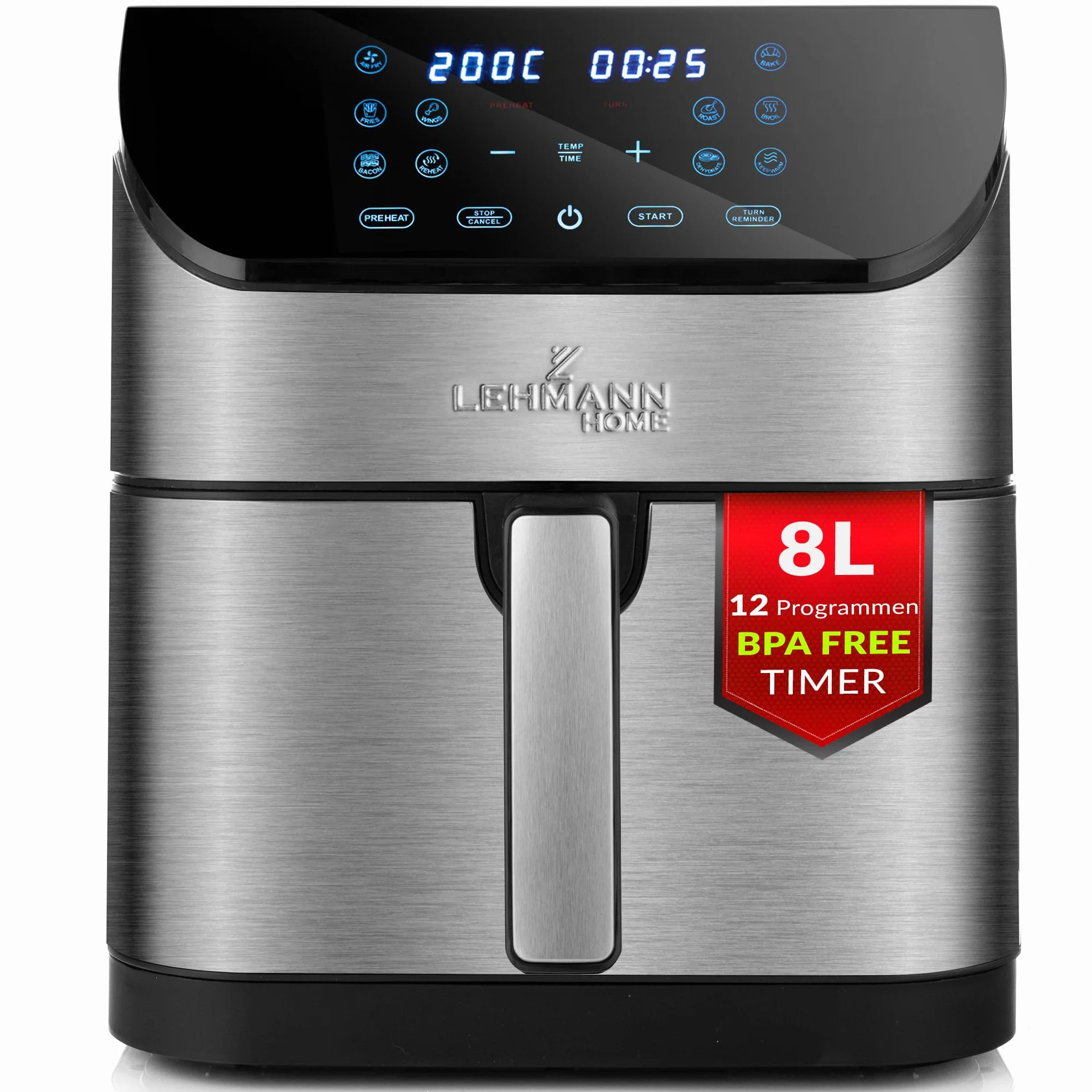 Lehmann Procado Frytkownica beztłuszczowa 8 l 1800 W, Air fryer z cyfrowym ekranem dotykowym LED, frytownica na gorące powietrze regulacja temperatury 76-200°C, timer, zdrowa żywność