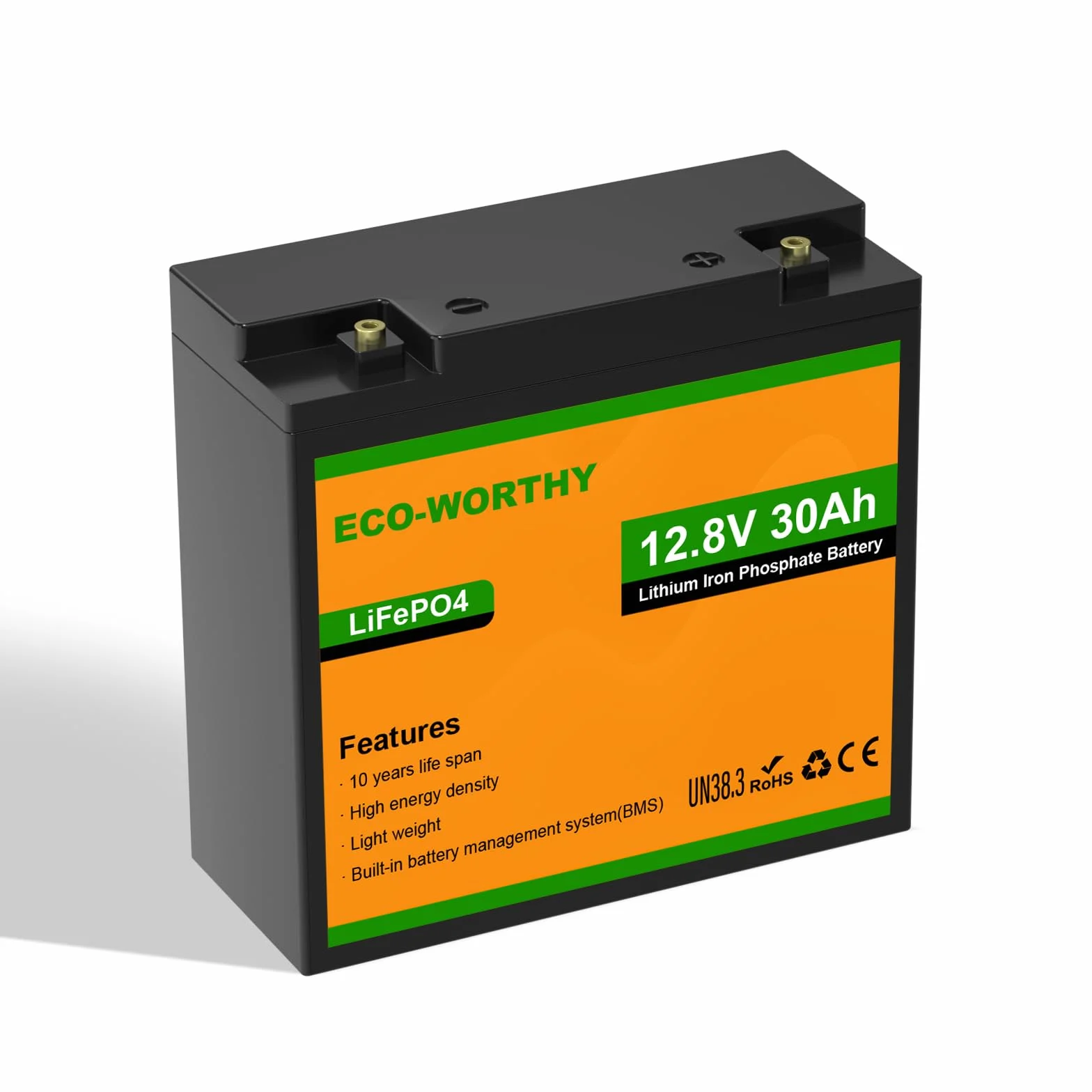 ECO-WORTHY LiFePO4 12 V 30 Ah z ochroną 25 A BMS i maks. 15000 cykli, bateria litowa 384 Wh 12 V 30 Ah do silnika trollingowego, elektrycznych wózków inwalidzkich, skuterów elektrycznych, łodzi