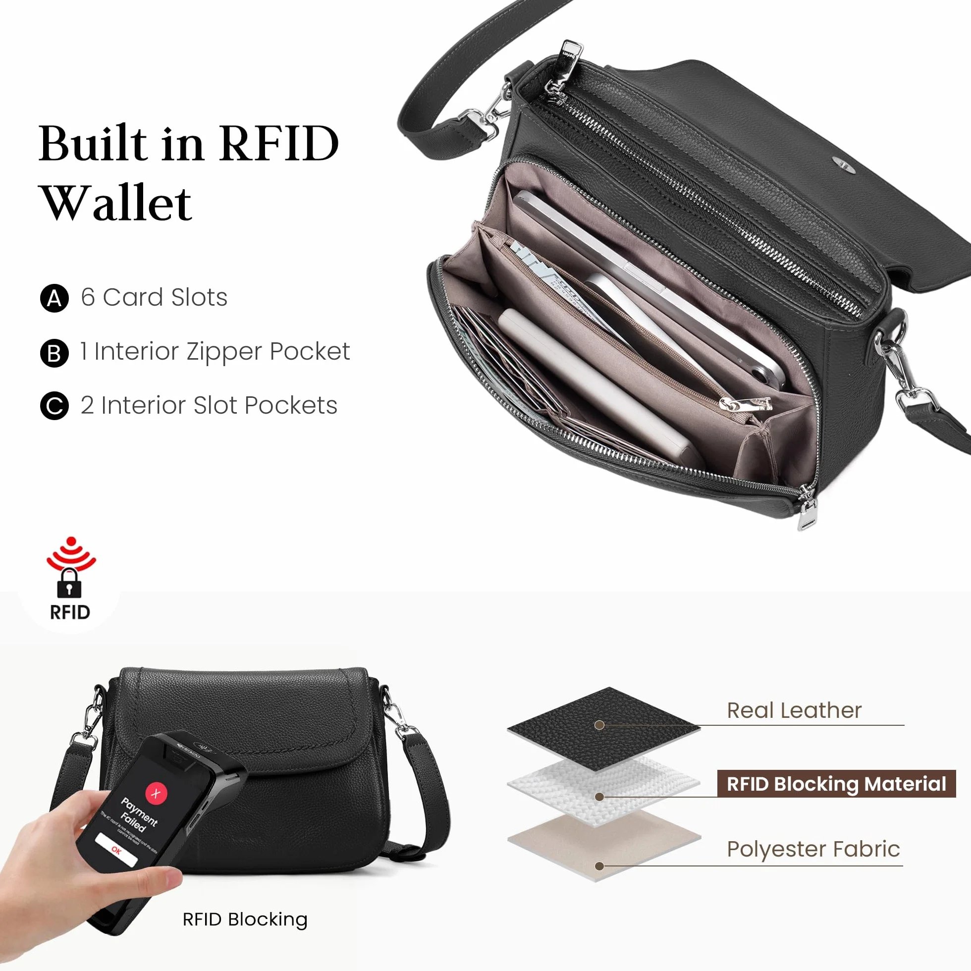 befen Torby crossbody z prawdziwej skóry dla kobiet z wbudowanym portfelem RFID, średnia damska torba podsiodłowa, torebka na ramię