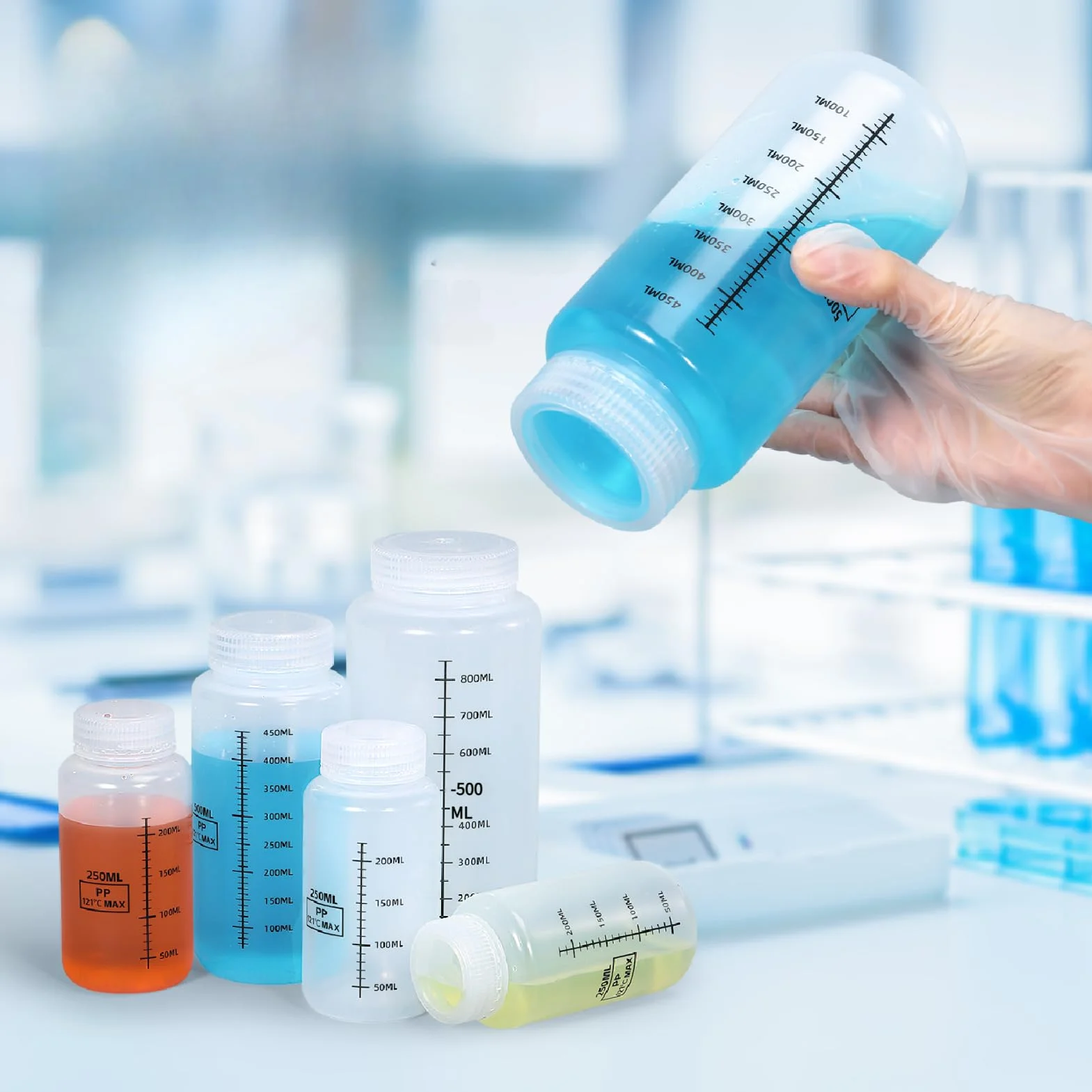 Butelki z odczynnikiem PP ze skalą – jakość laboratoryjna, butelki do przechowywania płynów, z pokrywką uszczelniającą, odporne na działanie środków chemicznych (przezroczysty kolor, 500 ml)