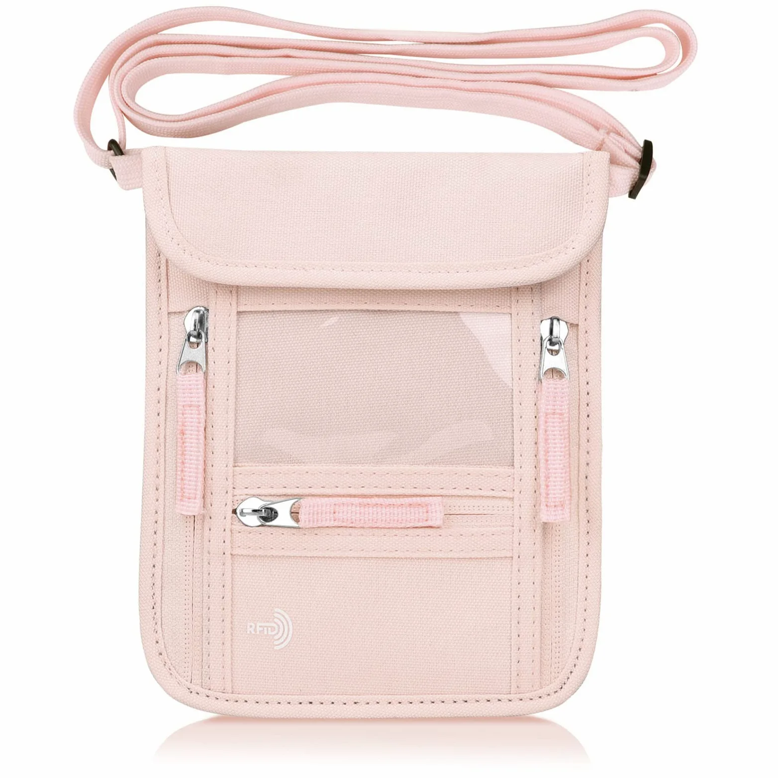 WALNEW Passport Holder Neck Pouch Travel Wallet for Women and Men, RFID Blocking Security Slim Traveling Wallet with Around Neck Lanyard Strap, Pink