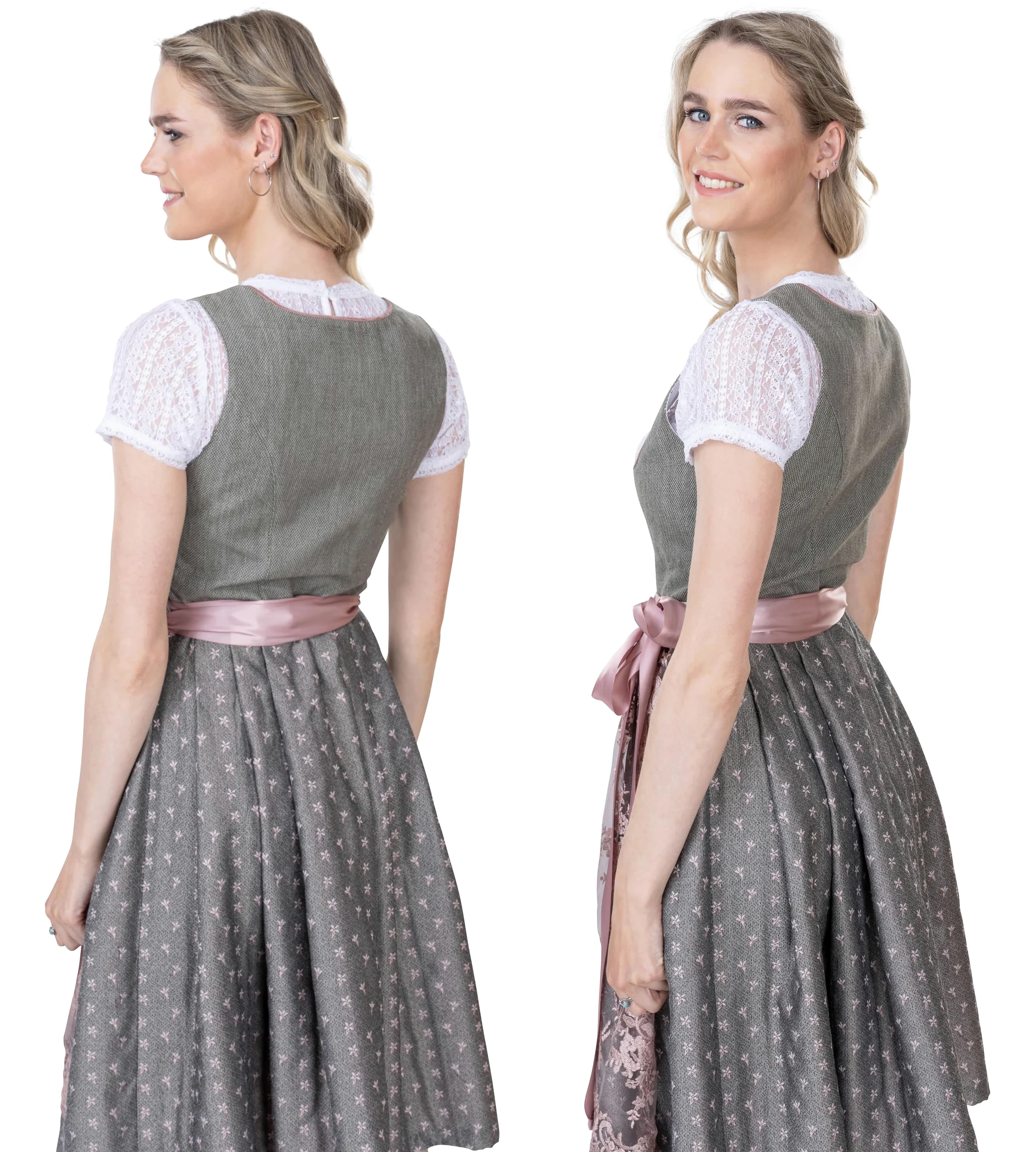 Schöneberger Dirndl Dirndl z zapięciem na guziki i koronkowym fartuchem – elegancki żakardowy Dirndl w kolorze różowym/szarym – Midi Isabella