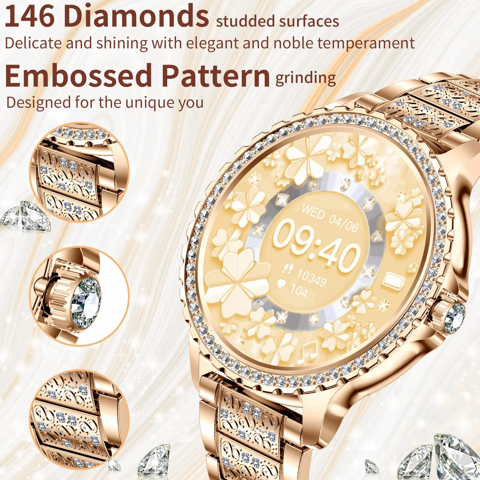 Smartwatch damski Diamond, 1,32", cykl menstruacyjny, pulsometr, monitor snu, sterowanie muzyką, 110 trybów sportowych, zegarek z funkcją telefonu i połączeń