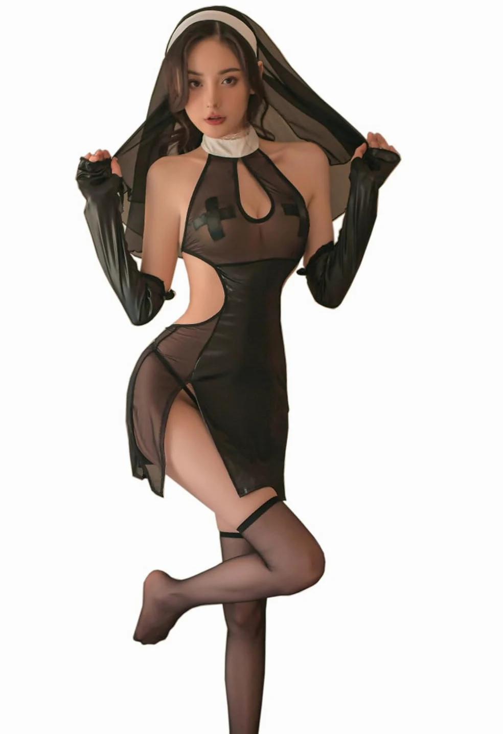 SINROYEE Damska seksowna bielizna cosplay kostium zakonnicy anime diabeł owaty strój Halloween gotycka sukienka z wysokim rozcięciem