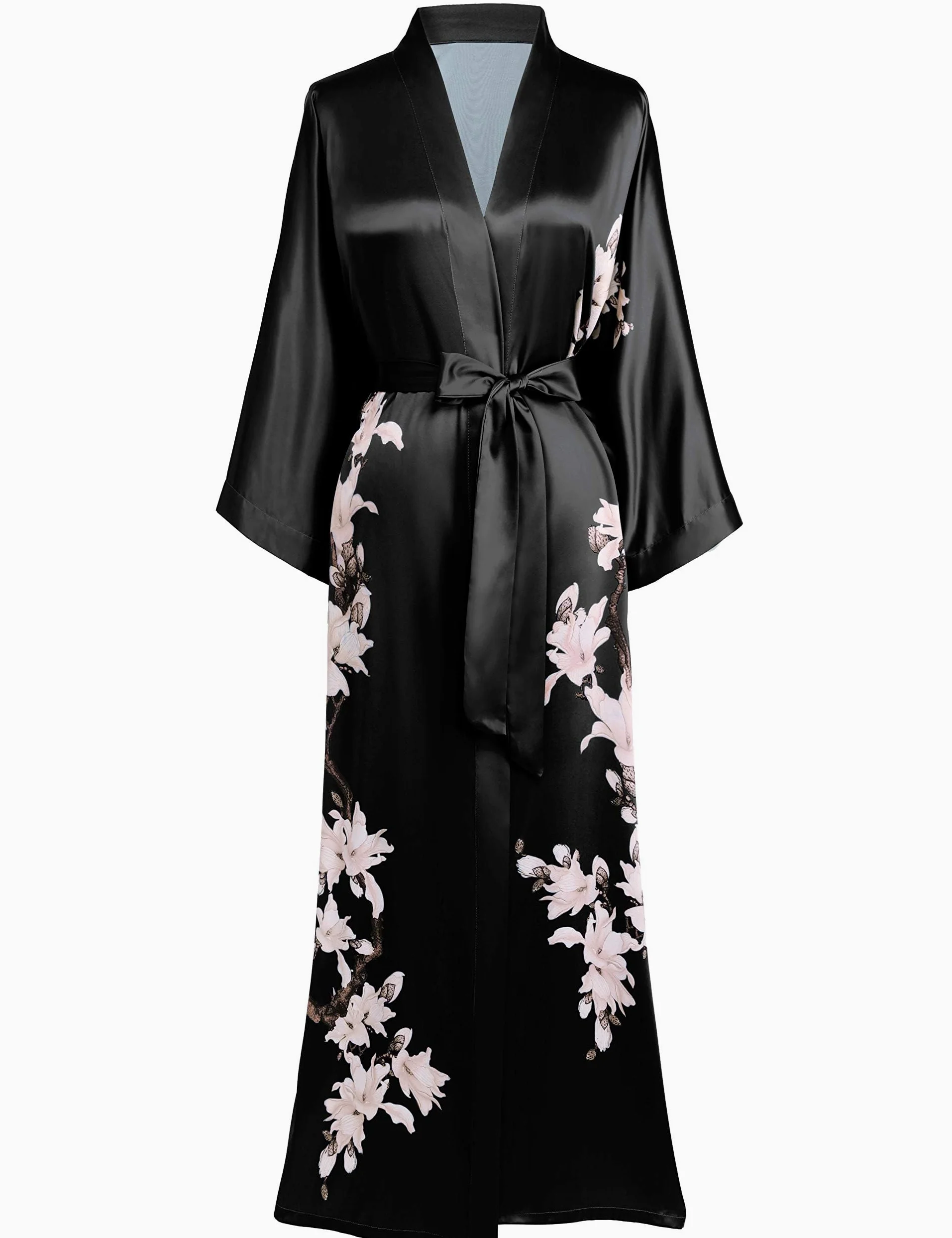 Babeyond damski szlafrok poranny, kimono, kwiaty, gałązka, z nadrukiem, bardzo długi, damski płaszcz kąpielowy, kwiaty gruszki, kurtka plażowa, dla panny młodej, na wieczór panieński, imprezę, czarny, Rozmiar Uniwersalny