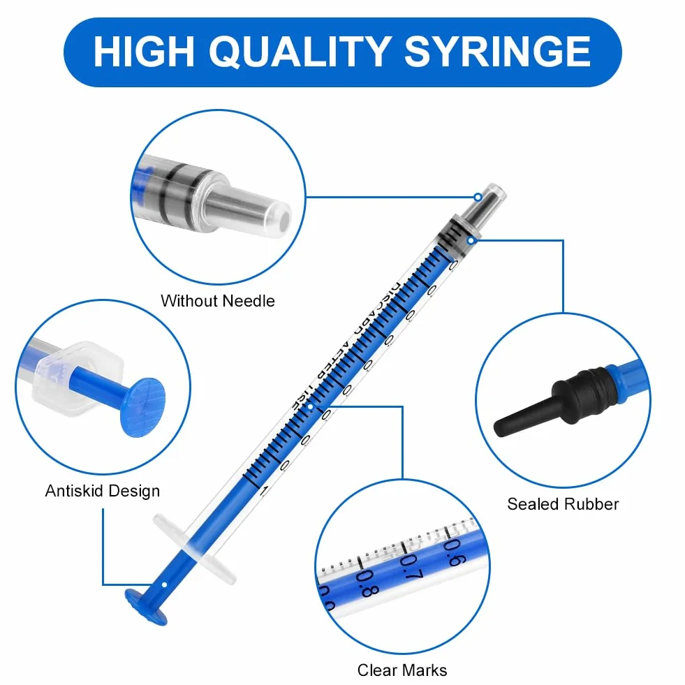 OFFCUP Strzykawki z tworzywa sztucznego, 50 sztuk 1 ml, jednorazowe strzykawki z nasadkami, plastikowa tubka do karmienia małych zwierząt domowych, olej silnikowy lub płyn hamulcowy [zastosowanie