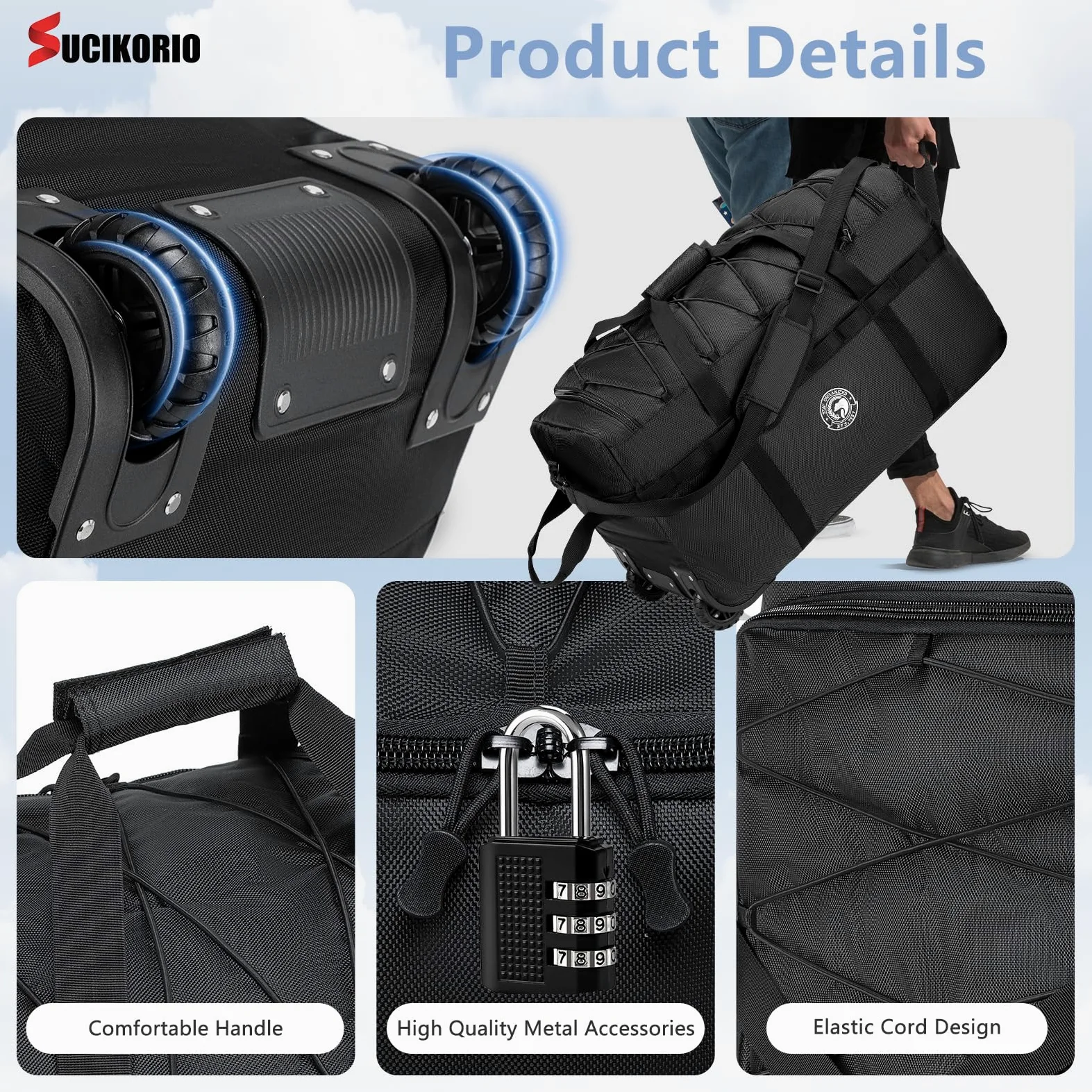 Torba Podróżna na Kółkach Duża 100L Składana Torba Podręczna z Zamkiem Szyfrowym 3-cyfrowym 70x35x40cm Wodoodporna 2 Rolls XL Walizka Weekendowa z Uchwytami Do Przenoszenia Dla Unisex
