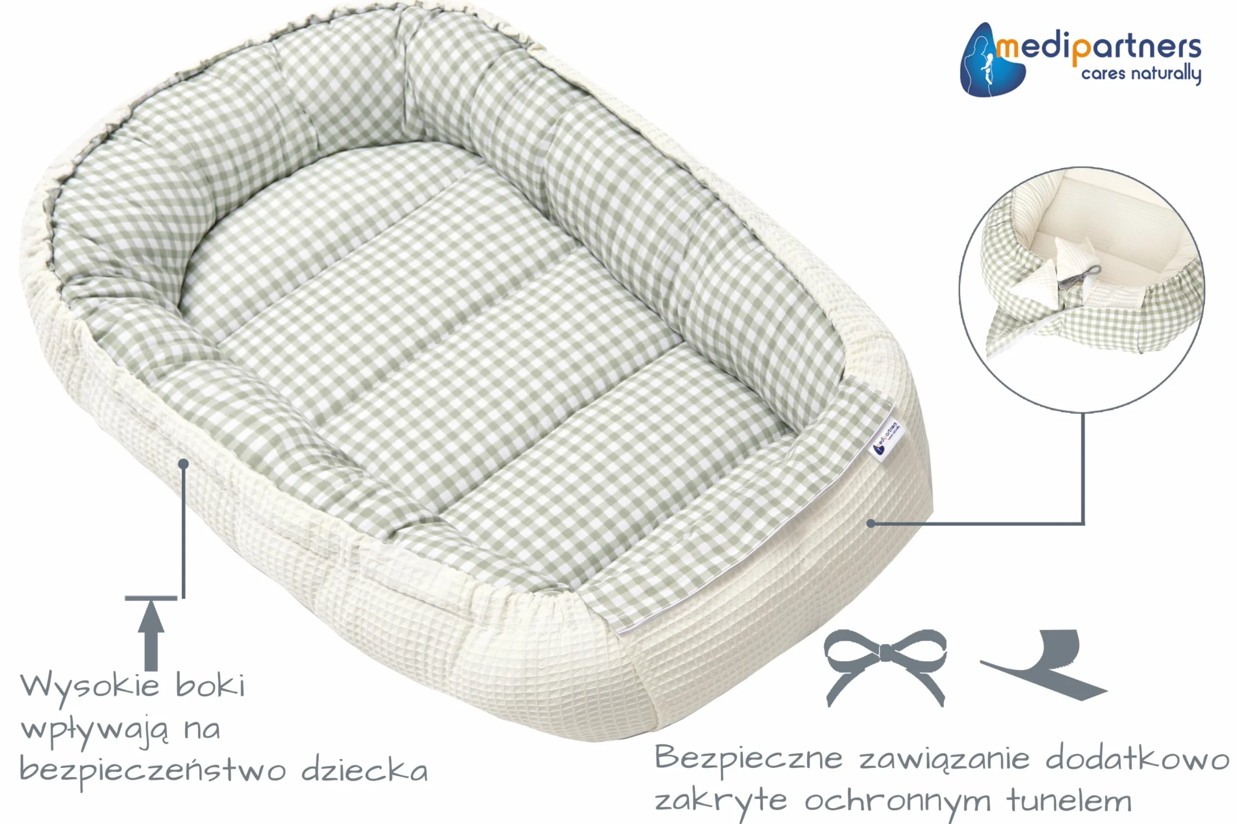 Dwustronny Kokon dla niemowląt 100% Bawełna Wafel 100x60x15cm Antyalergiczne wypełnienie Medi Partners Bezpieczne zapięcie (Kratka z oliwkowym Waflem)