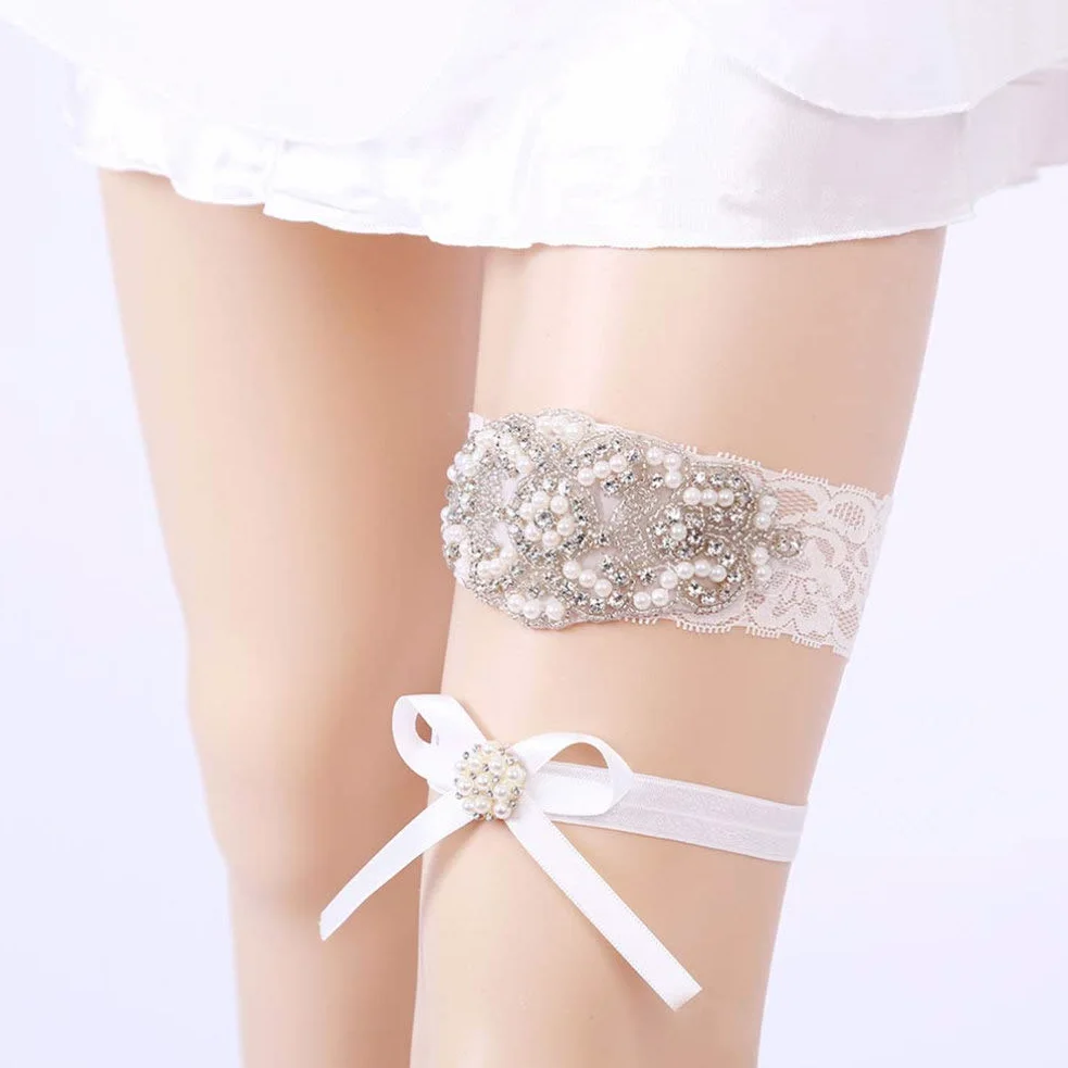 Pas 2 szt. Ślubne podwiązki koronkowe perły elastyczne Rhinestone ślubne pasy do pończoch ozdoby na nogi na ślub panny młodej