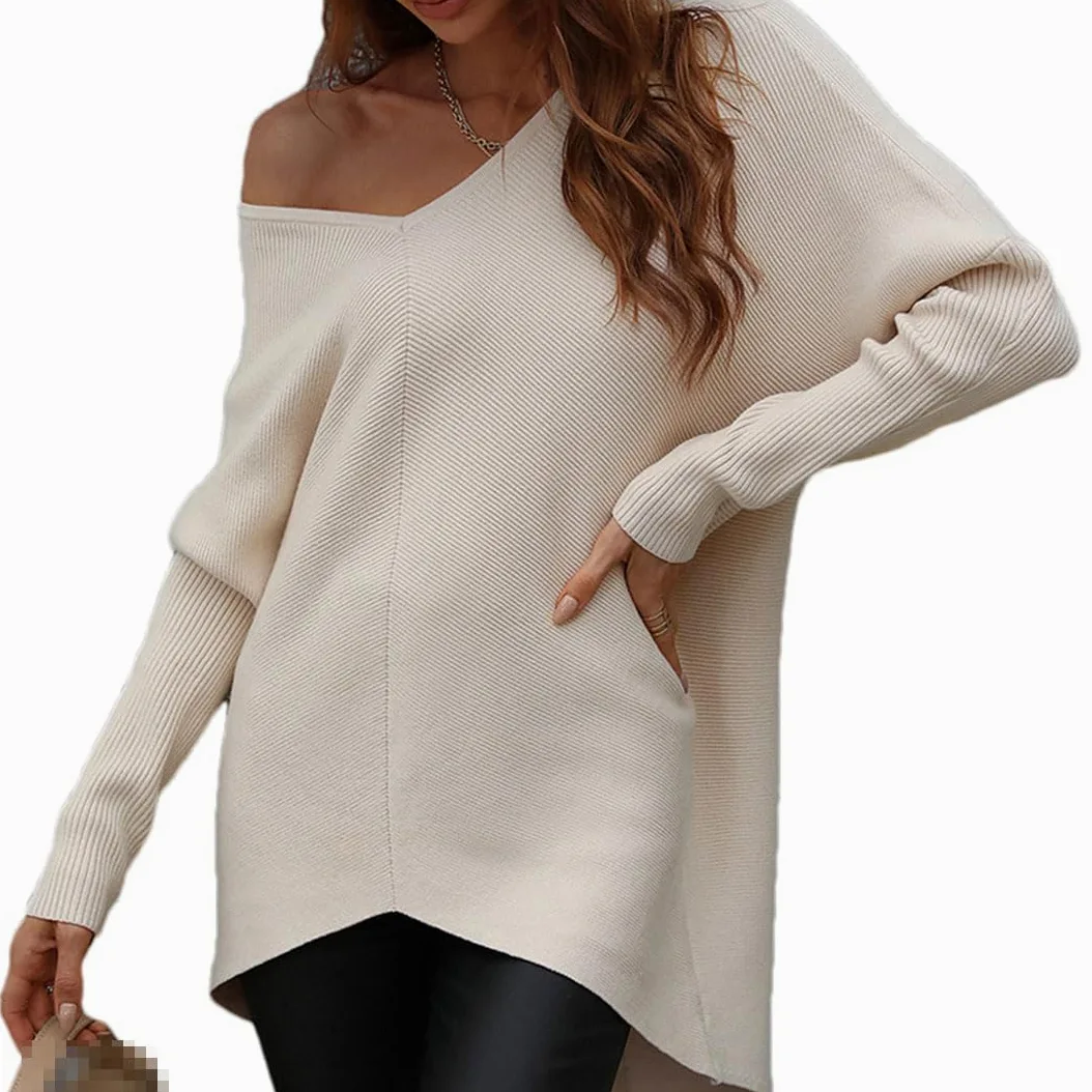 Vogrtcc Damski sweter oversize z dekoltem w serek zimowy luźny sweter z dzianiny
