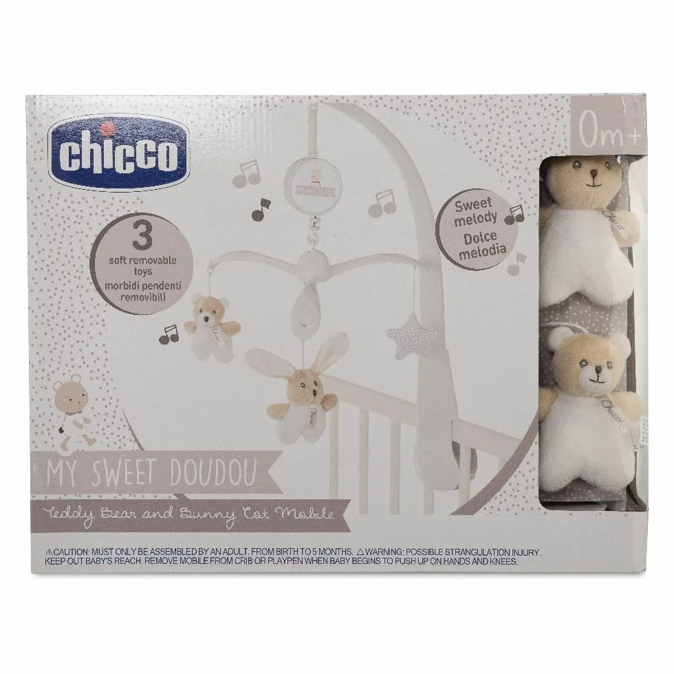 Chicco Karuzela Miś i Króliczek, ze Słodkimi Melodiami i Zawieszkami, do Zawieszenia na Łóżeczku, 0 m+, Beżowa