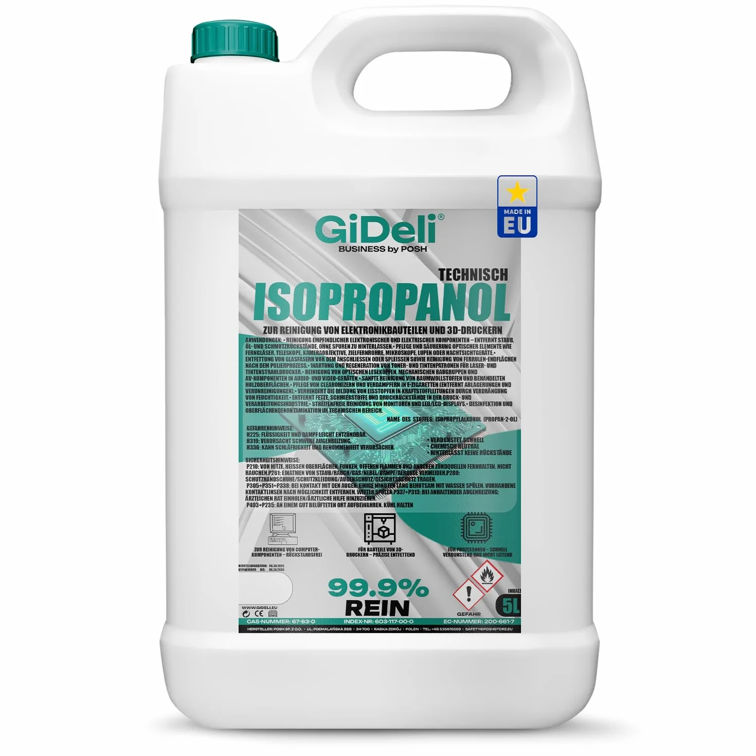 GiDeli Isopropanol 5 l – alkohol izopropylowy 99,9% – czyszczenie komponentów elektronicznych i akcesoriów do drukarek 3D