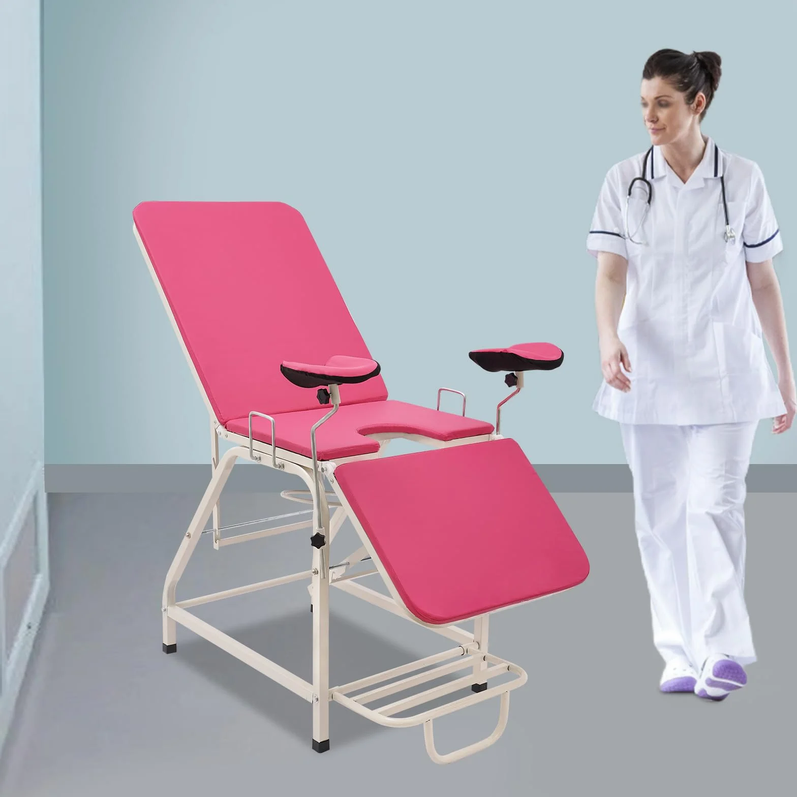 Składane, przenośne krzesło ginekologiczne, oparcie i podnóżek, regulowane i podnóżek z otworem w kształcie litery U i poręczami, nośność 150 kg, stół do badań medycznych