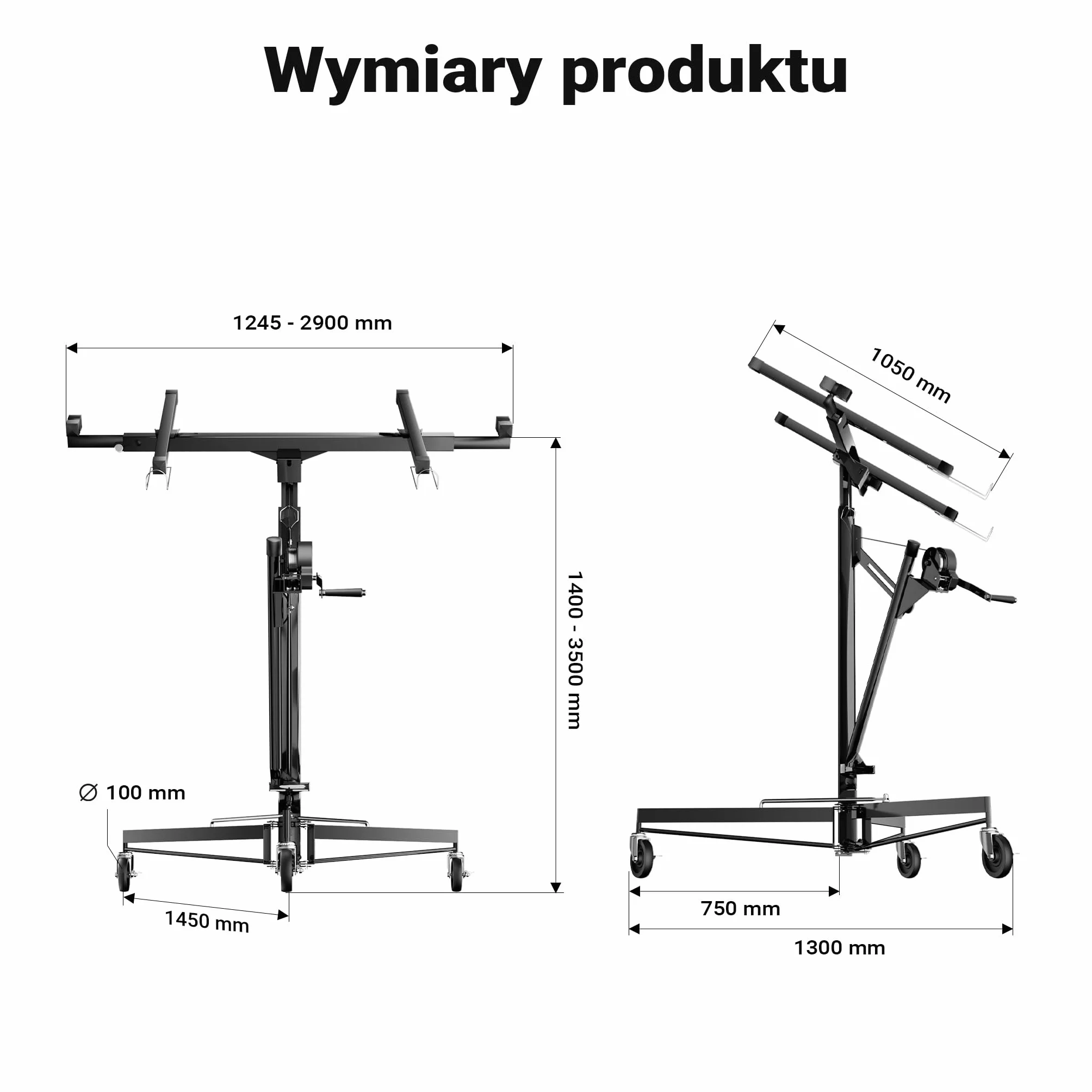 Podnośnik do paneli Wiltec XXL do maks. 68 kg, wysokość 140-350 cm, maks. szerokość 2,90 m, pomoc w montażu płyt kartonowo-gipsowych, obsługa przez 1 osobę, 3 koła z hamulcem postojowym, czarny