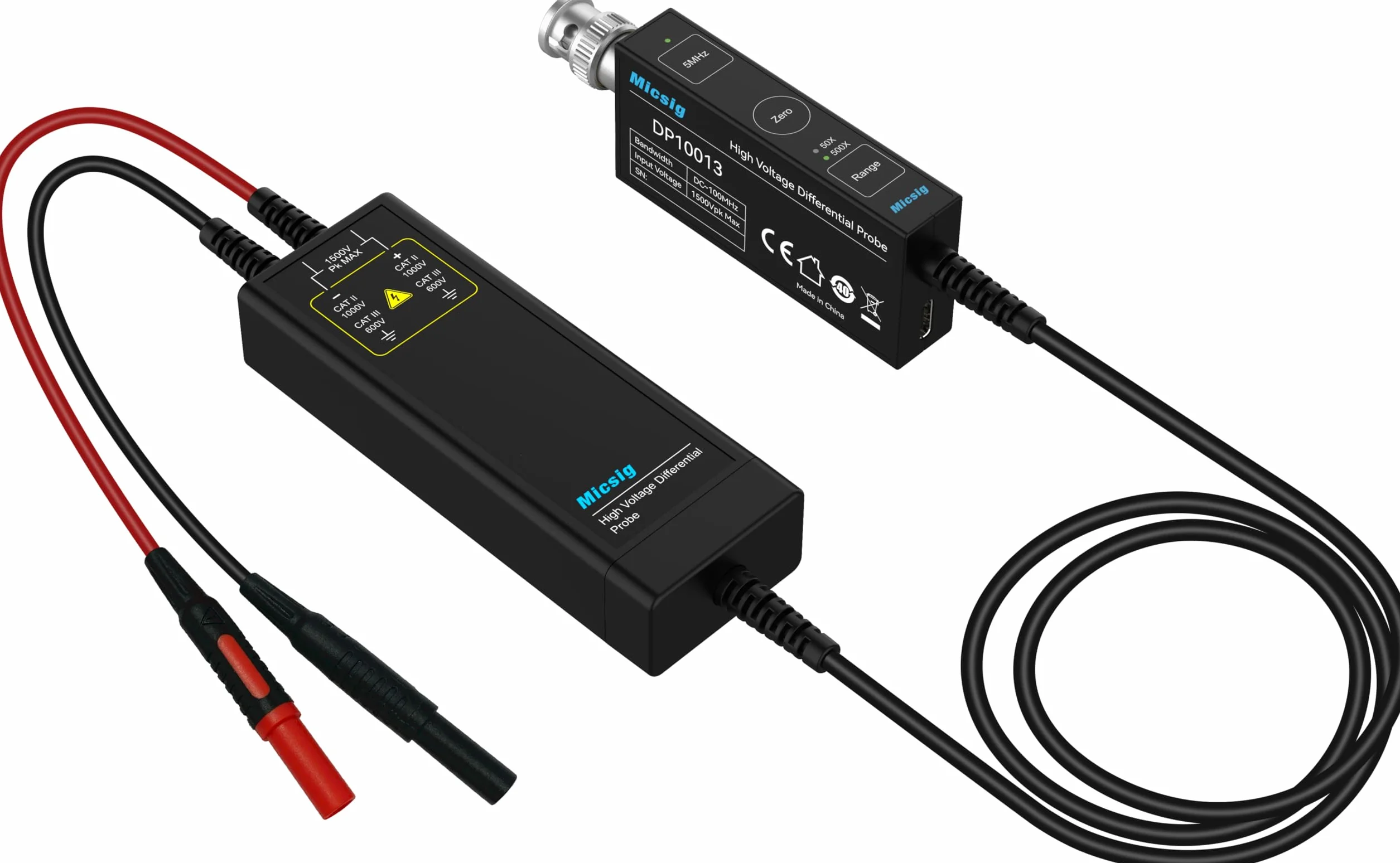 Micsig DP10013 Sonda różnicowa wysokiego napięcia 1300 V 100 MHz 3,5 ns czas narastania 50X/500X tłumienie, Tektronix P5200A P5205A P5210A, biały