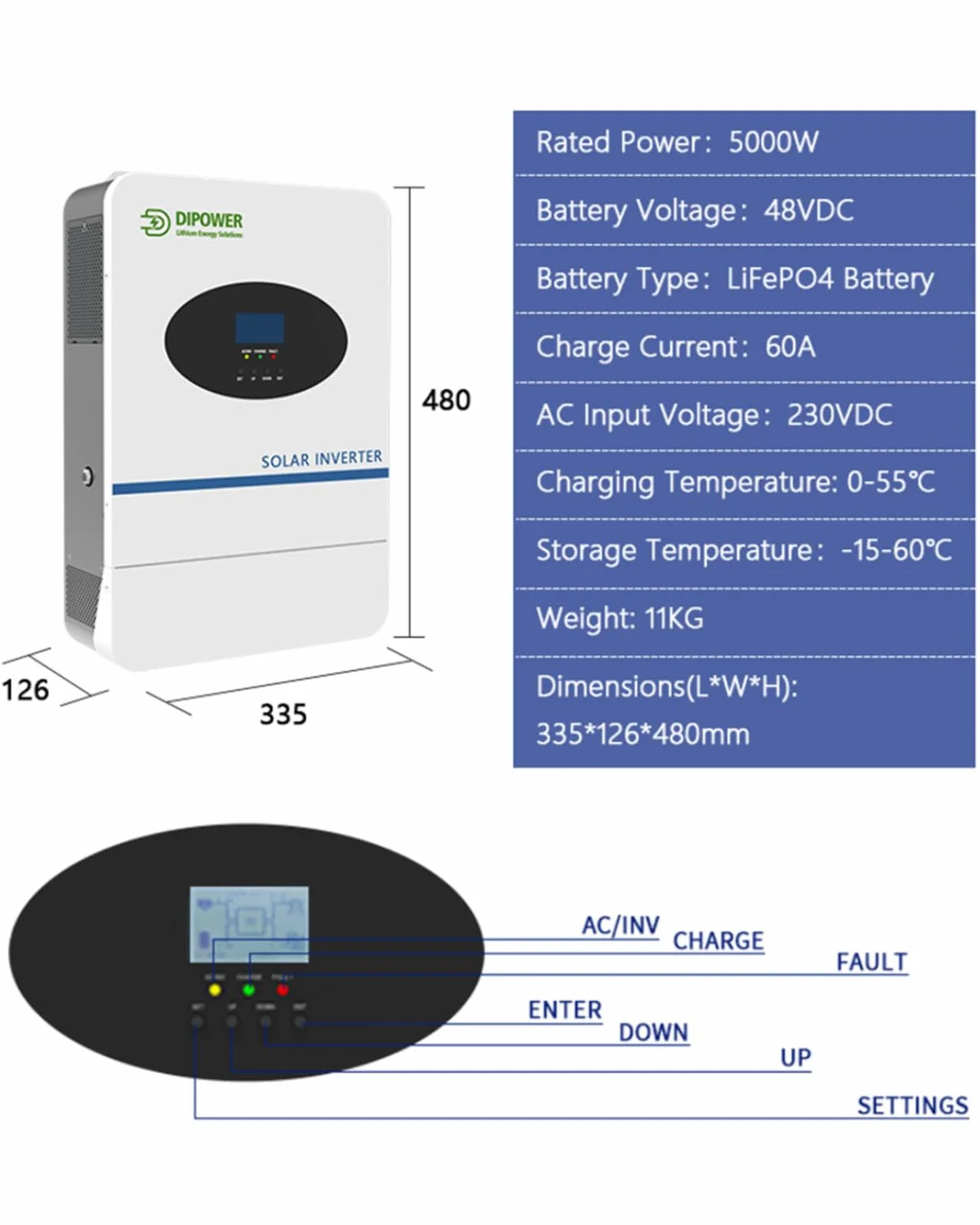 DIPOWER Falownik Solarny 5000W 48V DC do 220V/230V z Kontrolerem Ładowania 100A MPPT, Inwerter Solarny z Wbudowaną Funkcją Równoległą dla Systemu Off-Grid