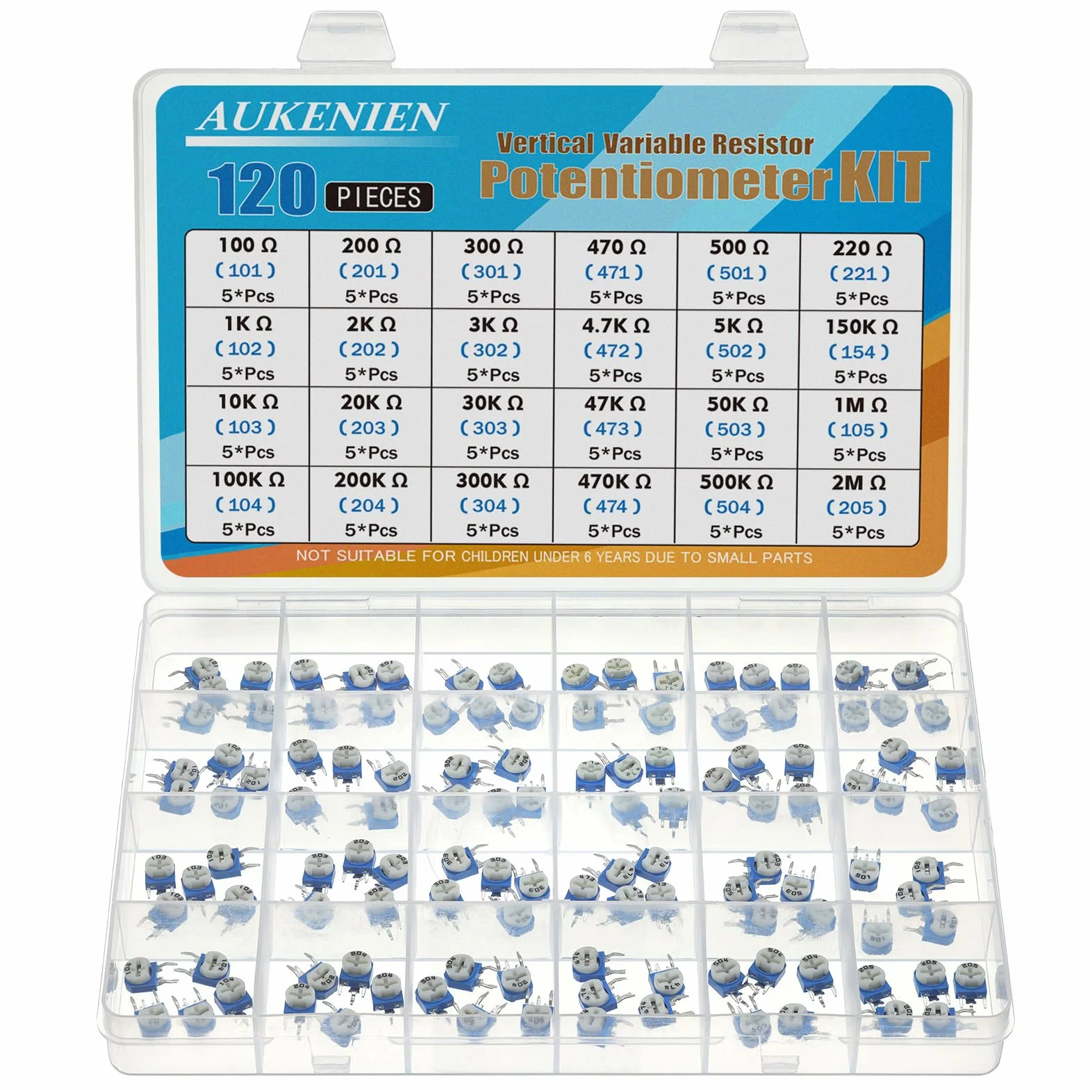 AUKENIEN 24Wartości 120szt Potencjometr trymera pionowy rezystor zmienny 100 200 300 470 500 220 1K 2K 3K 4,7K 5K 150K 10K 20K 30K 47K 50K 100K 200K 300K 470K 500K 1M 2M Ohm Klasyfikacja Zestaw