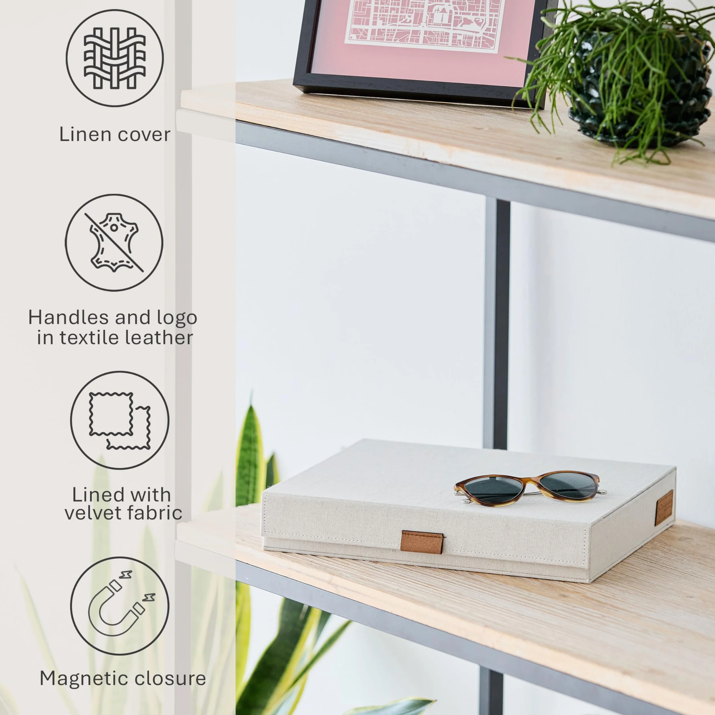 Organizer na 8 okularów lniany wzmocniony drewnem beżowy 32 x 25 x 5,5 cm