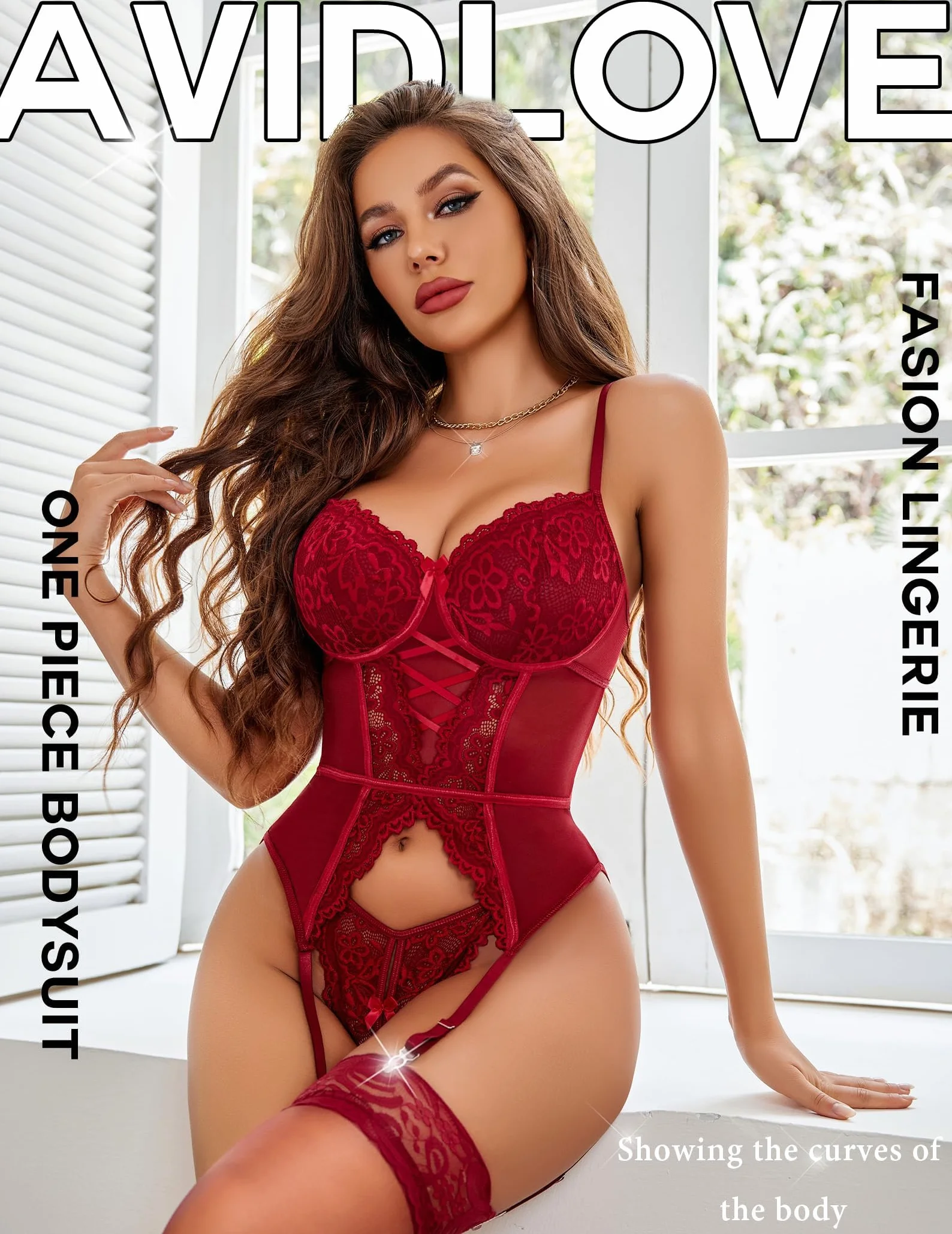 Avidlove Zestawy bielizny damskiej Seksowne koronkowe body dekolt w serek bielizna do pończoch kwiatowy jednoczęściowy Teddy Babydolls trykot bez Sotcking