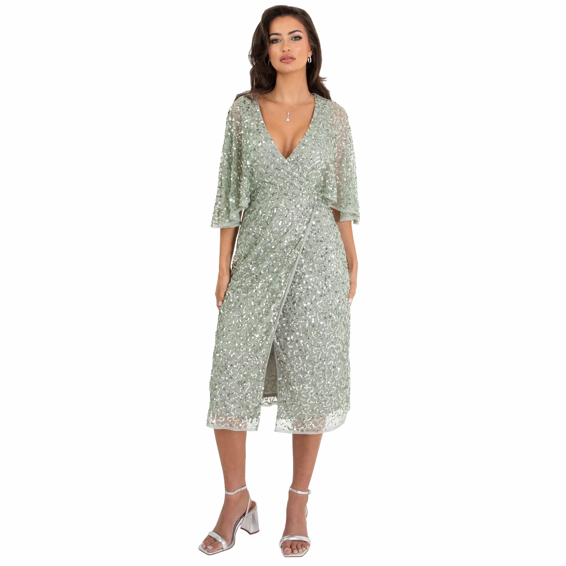Maya Deluxe Sukienka Kobiety Womens Midi Dress Ladies Sequin Embellished Cape Sleeve Wrap Dress For Wedding Guest Bridesmaid Cocktail Prom Evening