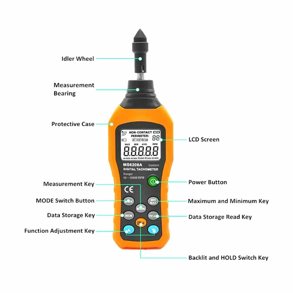 Obrotomierz cyfrowy, PEAKMETER PM6208A Typ styku Obrotomierz cyfrowy Silnik z podświetleniem LCD Dokładność Wskaźnik prędkości Tester ręczny