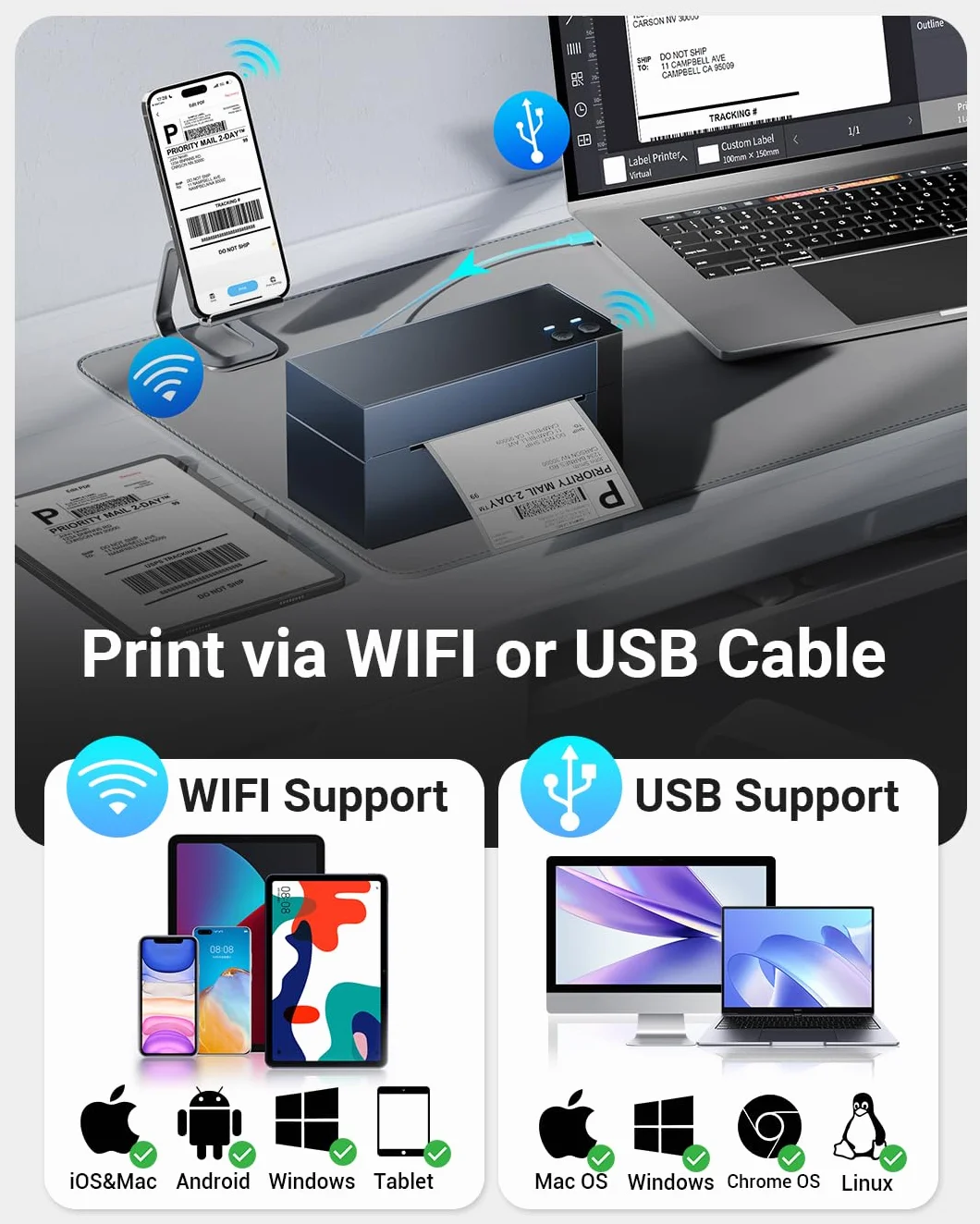 Phomemo Drukarka etykiet WiFi DHL, 344WF WiFi, etykiety termiczne do kodów kreskowych, 4 x 6 do UPS, Ebay, Etsy, Shopify, Amazon, Royal Mail, FedEx, USPS