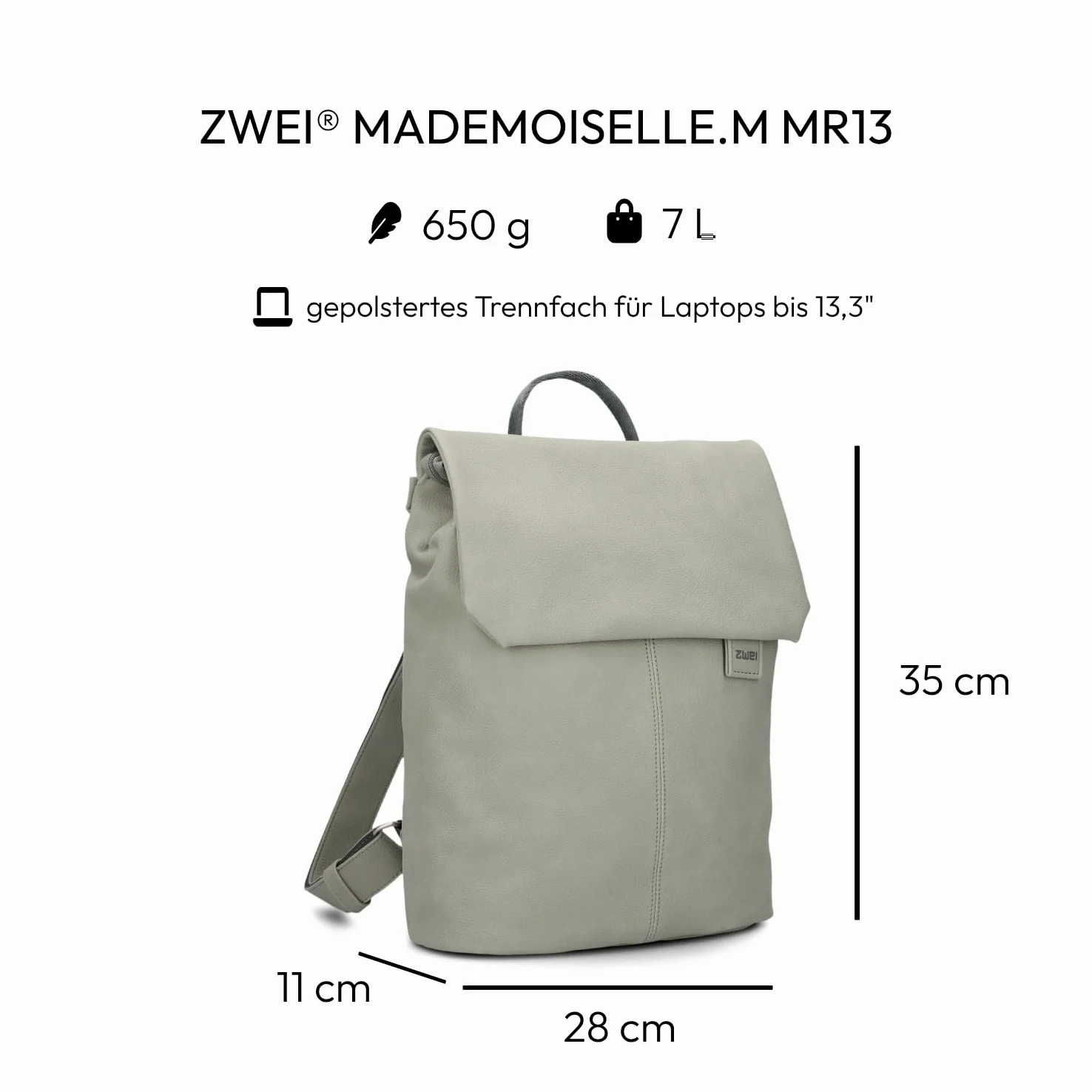Zwei Mademoiselle.M MR13 damski plecak miejski, 7 litrów, wyściełana kieszeń na laptopa, magnetyczna klapka, komora główna z zamkiem błyskawicznym, wyściółka na plecach, klasyczno-elegancki, Sage
