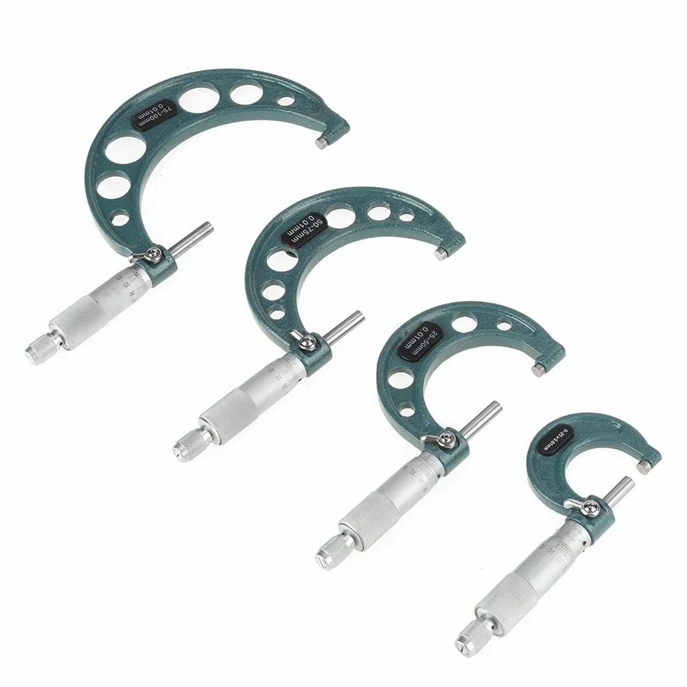 Mikrometr zewnętrzny, 4 sztuki 0-25 mm, 25-50 mm, 50-75 mm, 75-100 mm mikrometr zewnętrzny mikrometr mikrometrowy śruba z kabłąkiem zestaw mikrometrów zestaw z obudową