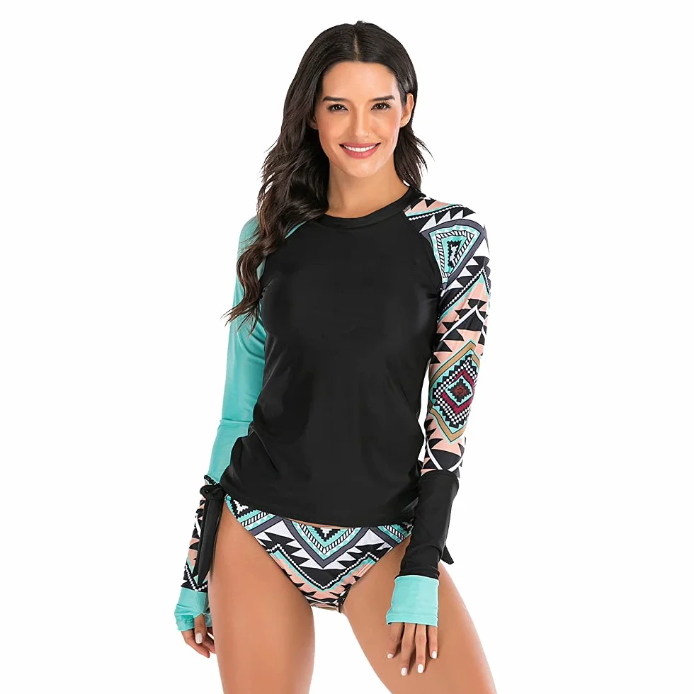 Damski strój kąpielowy z rękawami, dwuczęściowy kostium kąpielowy Rash Guard Surfwear