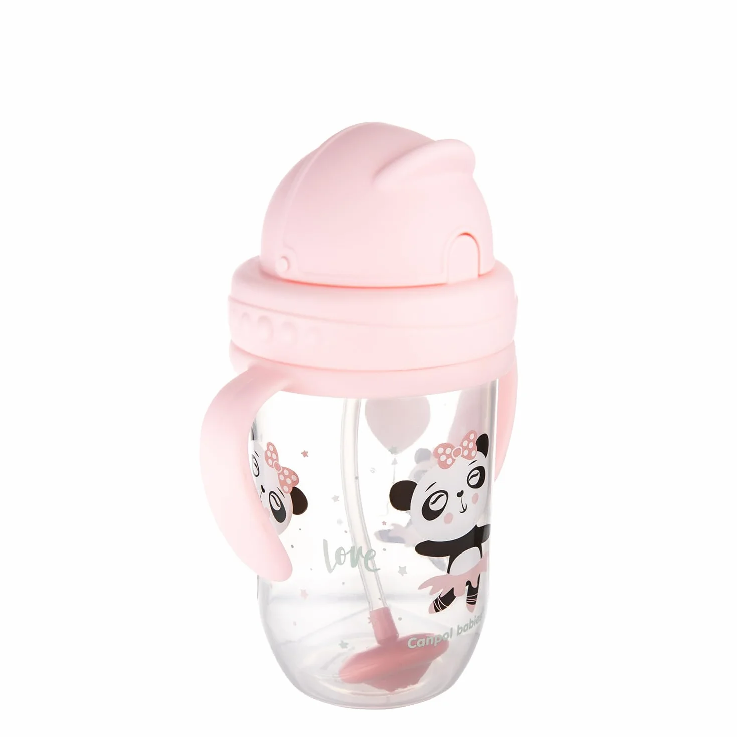 Canpol babies Kubek niekapek z rurką i odważnikiem EXOTIC ANIMALS 270 ml, 6 m+, Picie pod każdym kątem, Niekapiąca miękka silikonowa rurka, Szczelna pokrywka (Różowy Panda)