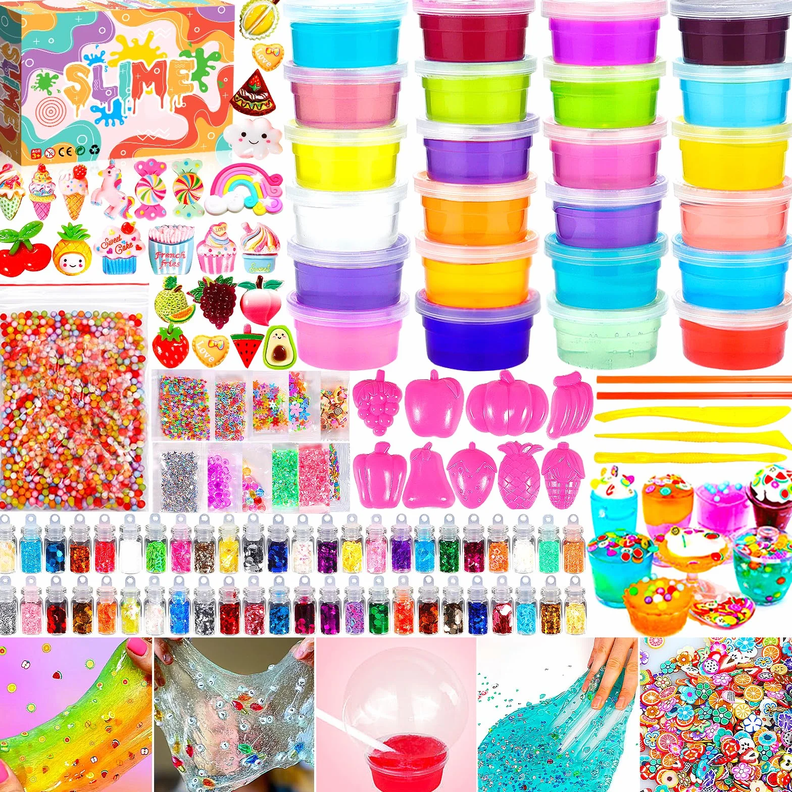 Purpledi Zestaw DIY Slime Kit do samodzielnego wykonania, 24 kolory kryształów, brokatowy szlam, proszek brokatowy Slime Charms i wiele więcej, do rzemiosła artystycznego, prezent dla dzieci (B