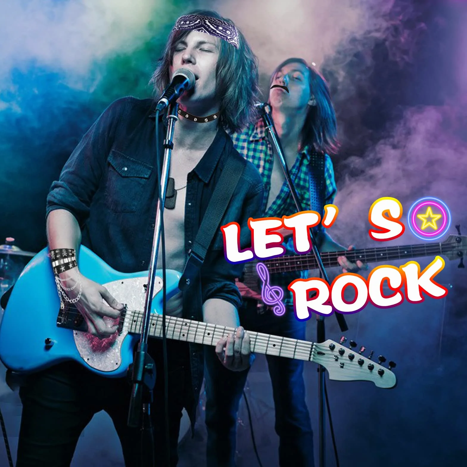10 sztuk akcesoriów do kostiumu rockowego, 70/80/90., punk, gotycki, rockowy, z bandaną, tatuażem, rękawami, rękawiczkami, bransoletką, okularami, wąsami, obrożą, pierścionkami dla mężczyzn i