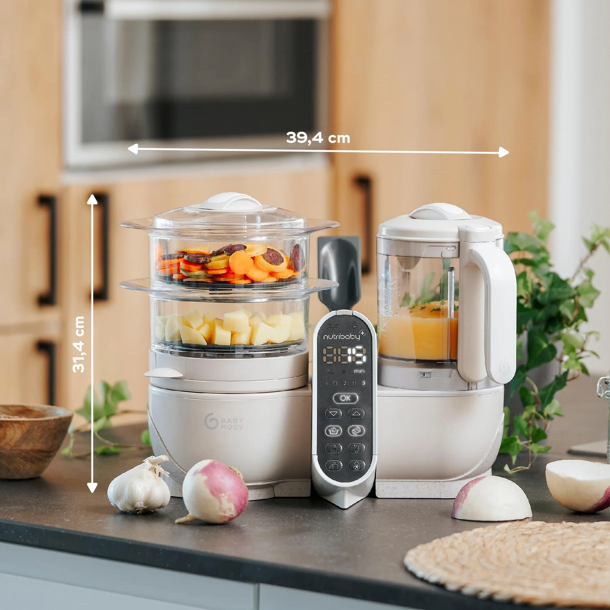 Babymoov Nutribaby(+), wielofunkcyjny robot do gotowania dla niemowląt 6 w 1, parownik, duża pojemność 2,2 l, mineralny beżowy