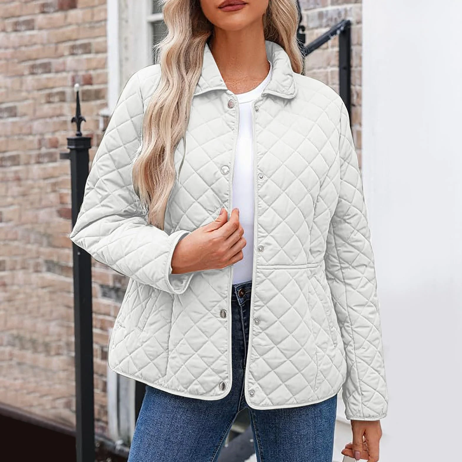 Damskie lekkie pikowane kurtki luźna moda na co dzień okrągły dekolt guziki kurtka puchowa zimowe ciepłe płaszcze outdoorowe