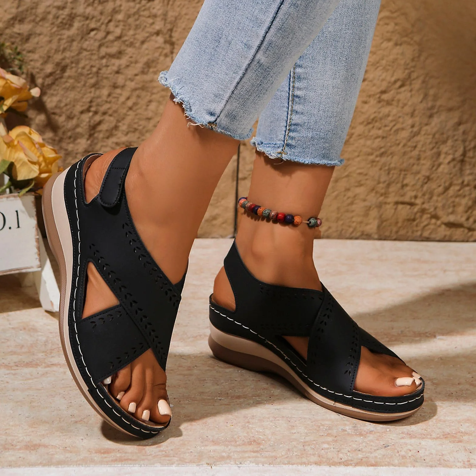 Damskie sandały skórzane płaskie oddychające plażowe
