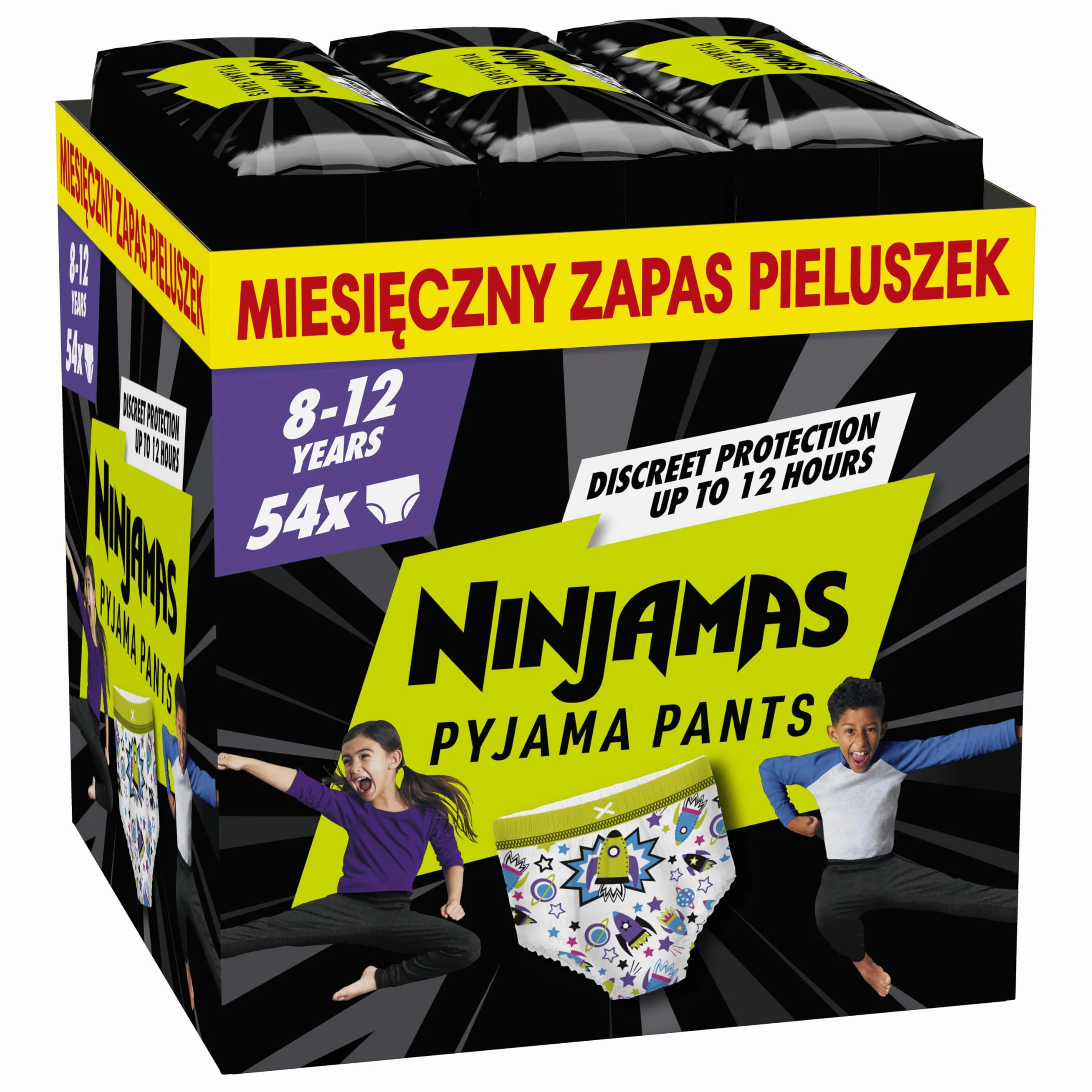 Pampers Ninjamas chłonna bielizna na noc, rozmiar 8-12 lat, 27-43 kg, 54 szt. ochrona przed przeciekaniem przez całą noc