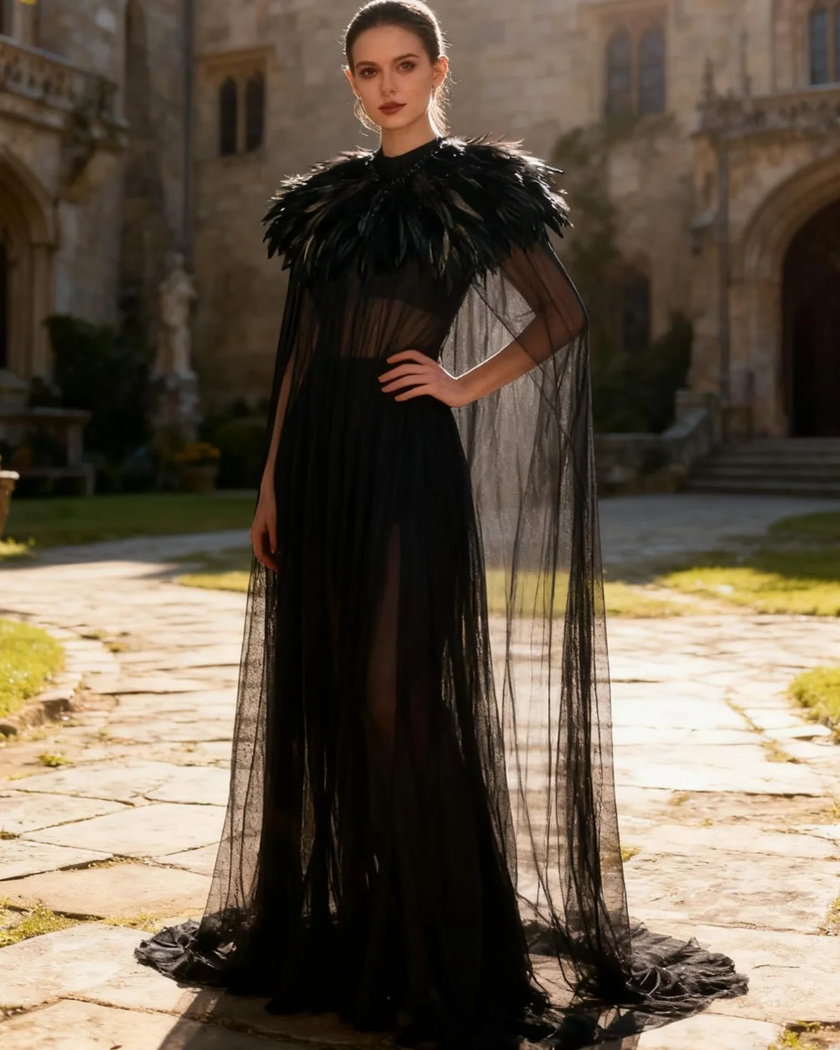 keland Czarna tiulowa peleryna długa z kołnierzem sprężynowym Pióro Cape Halloween Maleficent akcesoria (czarna)